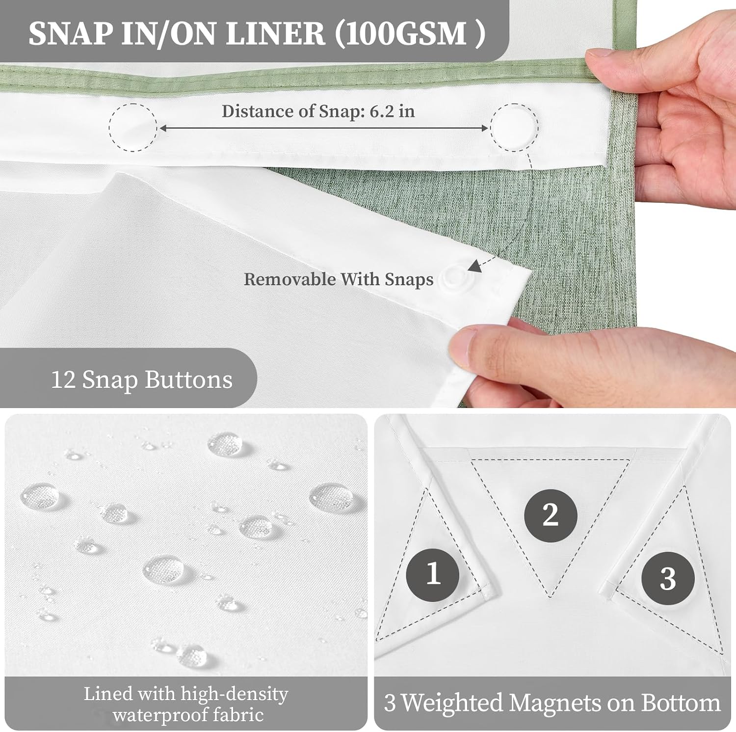 BTTN 72x81 Ringless Linen Look Shower Curtain with Snap in Liner Sage Green - Image 6