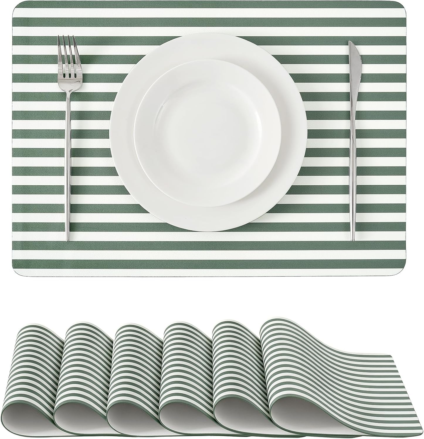 Leetaltree Striped Faux Leather Placemats Set of 6, Green