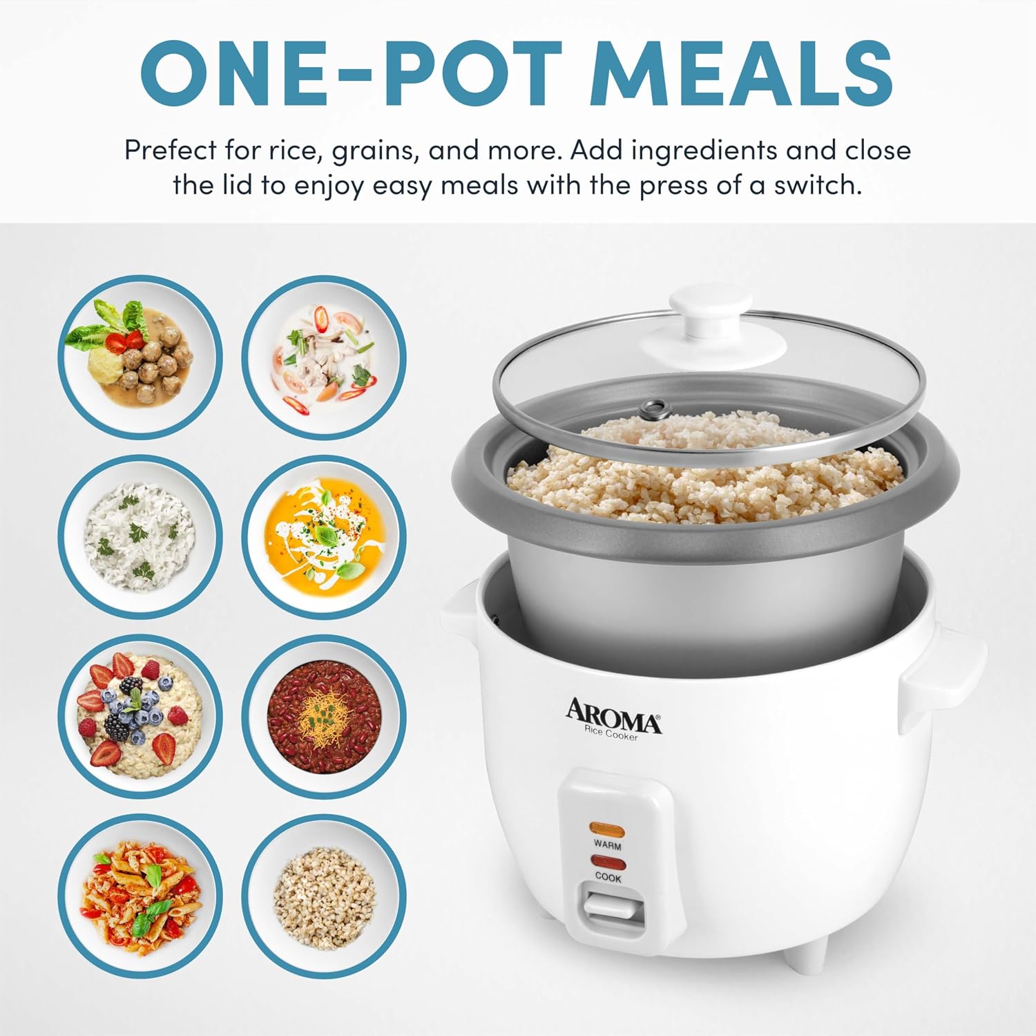 AROMA® Rice Cooker, 3-Cup (Uncooked) / 6-Cup (Cooked), Small Rice Cooker, Oatmeal Cooker, Soup Maker, Auto Keep Warm, 1.5 Qt, White, ARC-363NG - Image 2