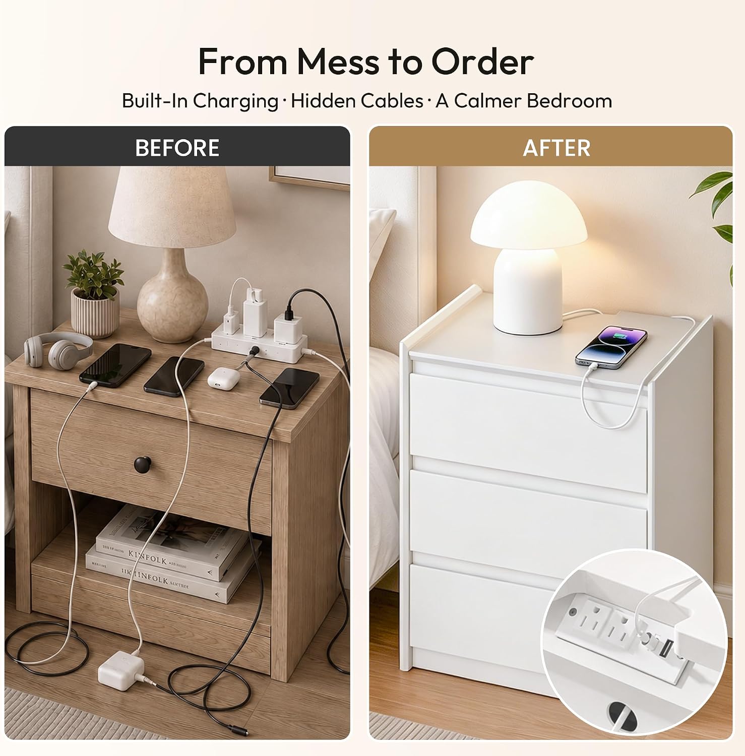 White Nightstand with Charging Station, 24" H, 3-Drawer Storage - Image 8