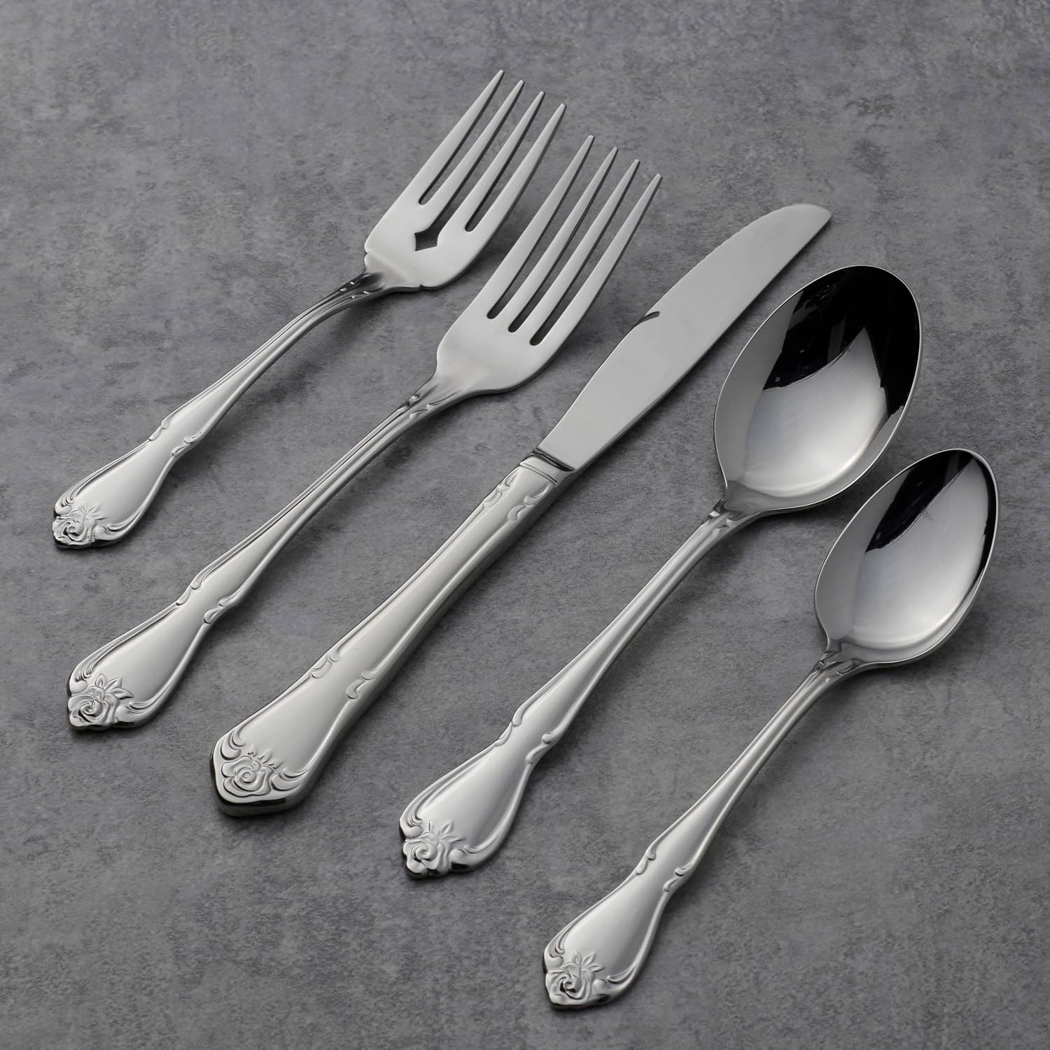 Oneida True Rose 45 Piece Everyday Flatware, Service for 8, 18/0 Stainless Steel, Silverware Set, Silver - Image 5
