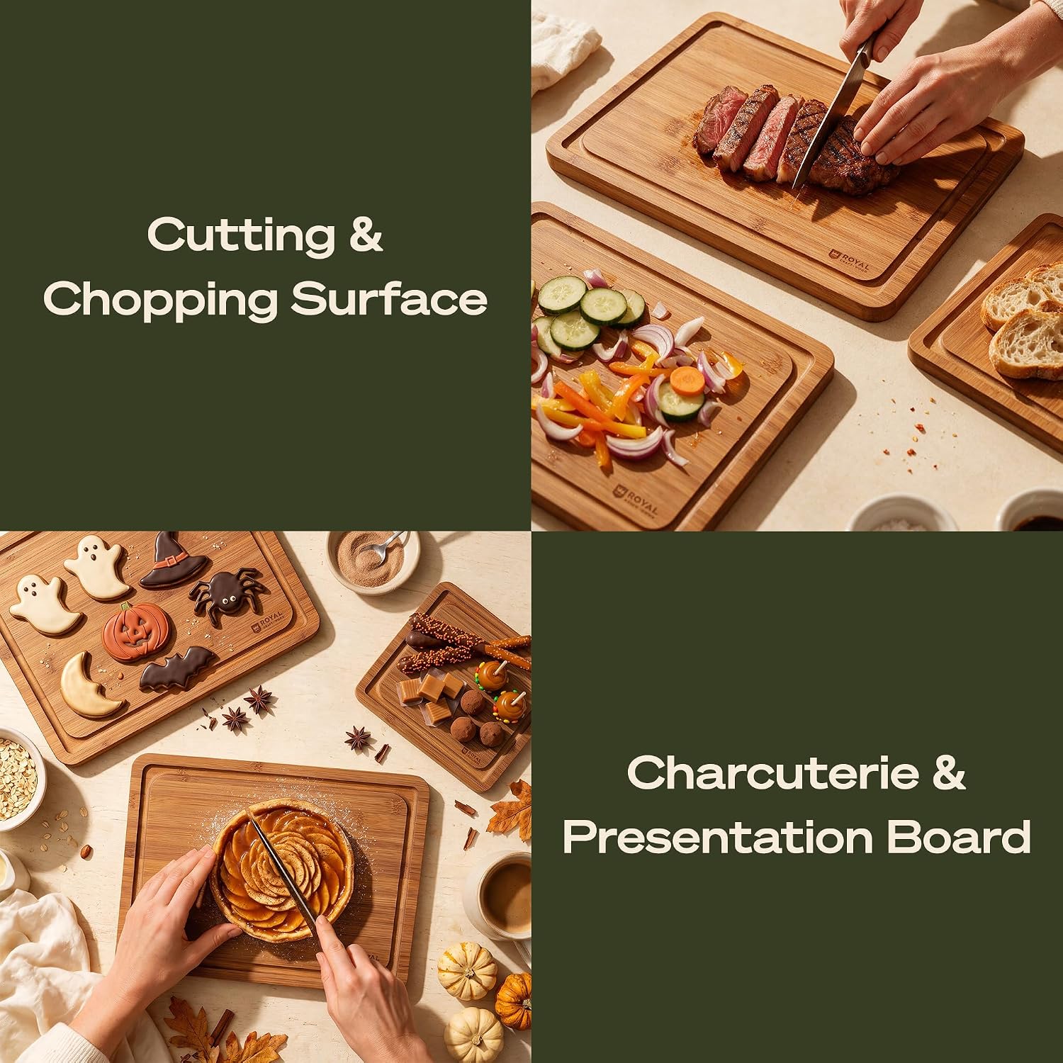 ROYAL CRAFT WOOD Wooden Cutting Boards for Kitchen Meal Prep & Serving - Bamboo Non Toxic Cutting Board Set with Deep Juice Groove Side Handles - Charcuterie & Chopping Butcher Block for Meat (3 Pcs) - Image 10