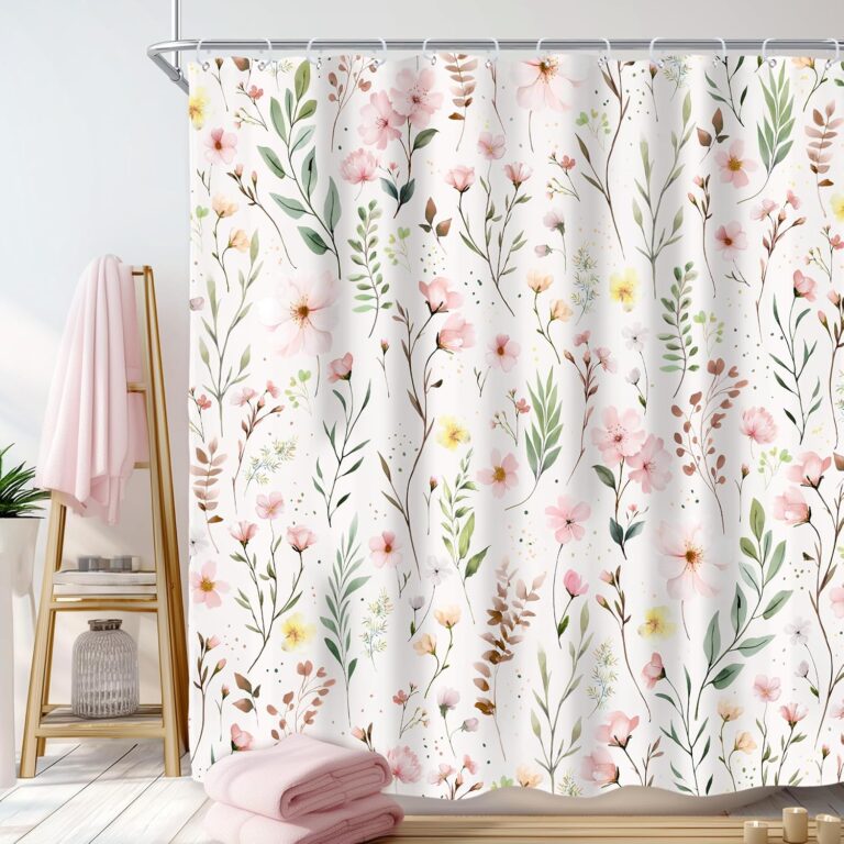 Pink Floral Flower Leaves Spring Botanical Bathroom Shower Curtain Set