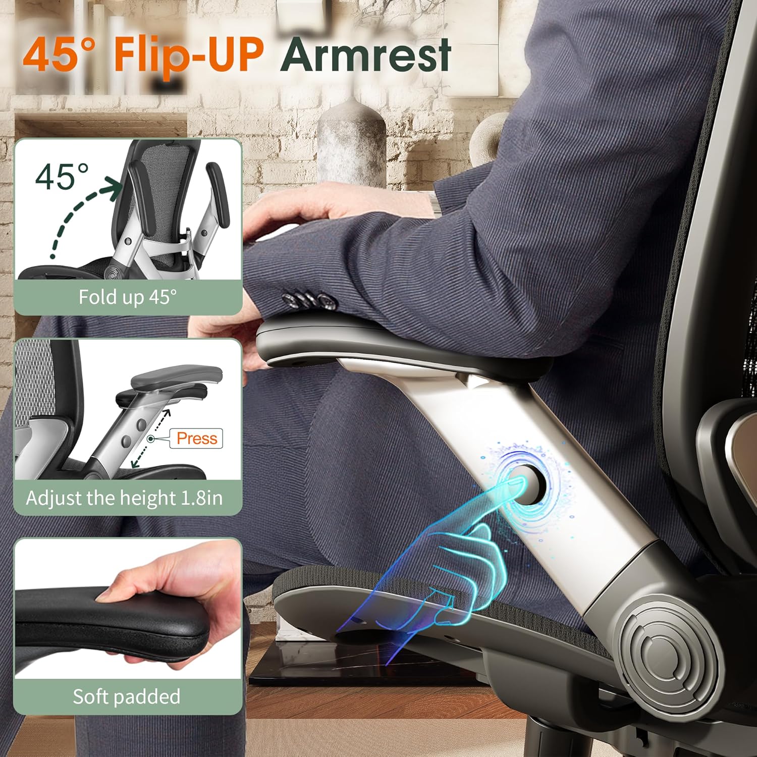 GABRYLLY Ergonomic Office Chair, High Back Home Desk Chair with Headrest, Flip-Up Arms, 90-120° Tilt Lock and Wide Cushion, Big and Tall Mesh Chairs for Man Woman, Black Task Chair - Image 4