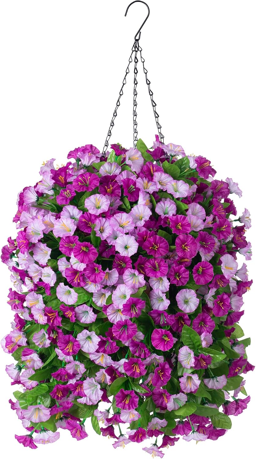 Artificial Flowers with Hanging Basket, Outdoor Faux Plants UV Resistant
