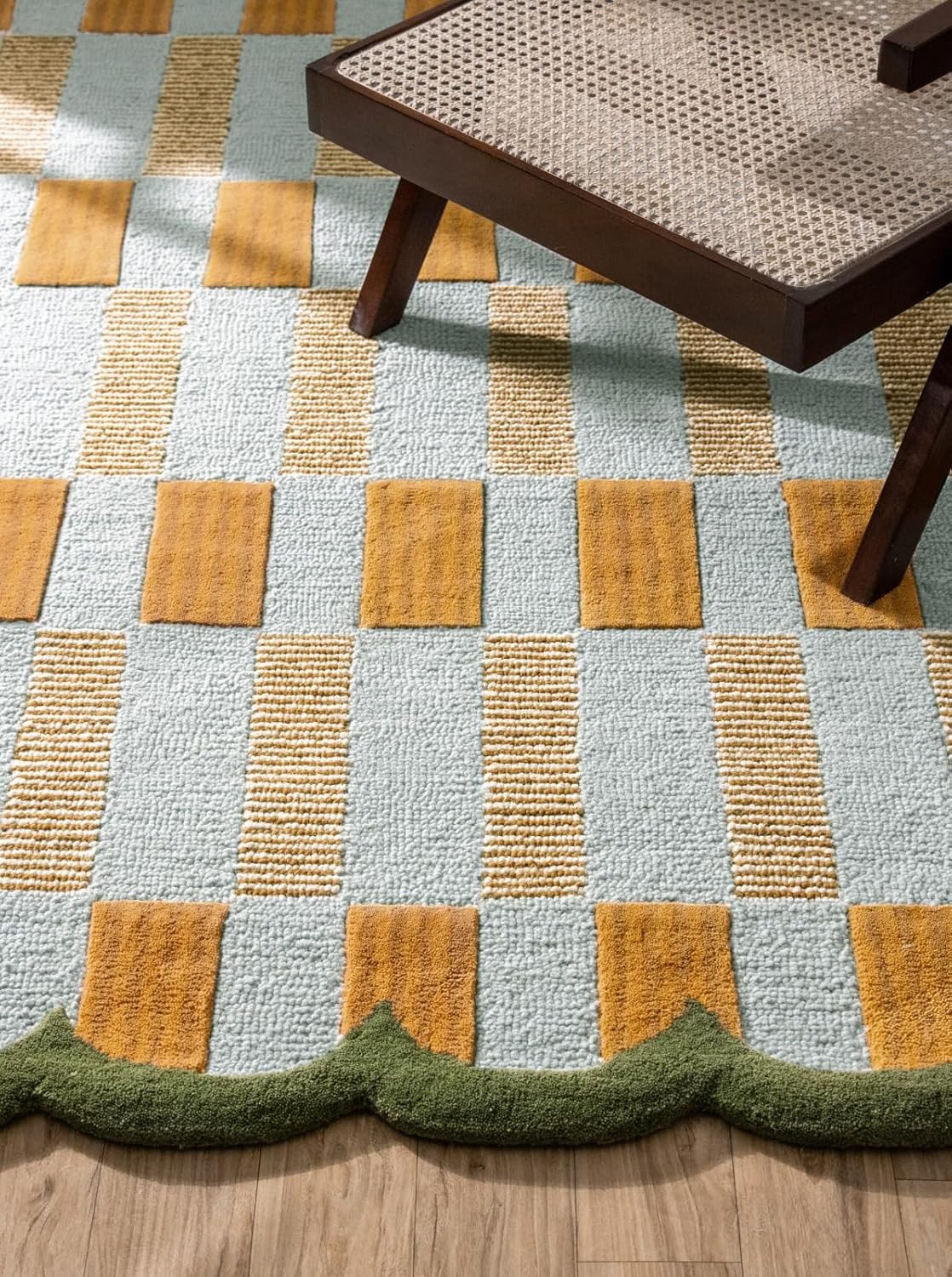 Checkered Hand-Tufted 100% Wool Area Rug - 5x5 Ft, Round Light Blue Base with Mustard and Beige Blocks, Olive Green Scalloped Edge, Cotton Backing Plush Carpet for Bedroom & Nursery