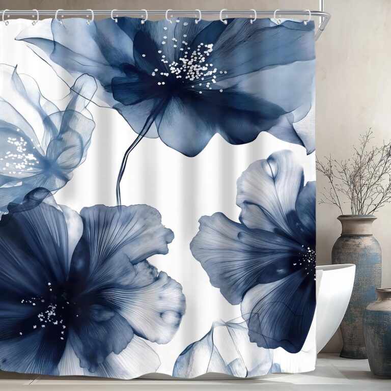 Navy Blue Floral Flower Ombre Modern Watercolor Bathroom Shower Curtain Set