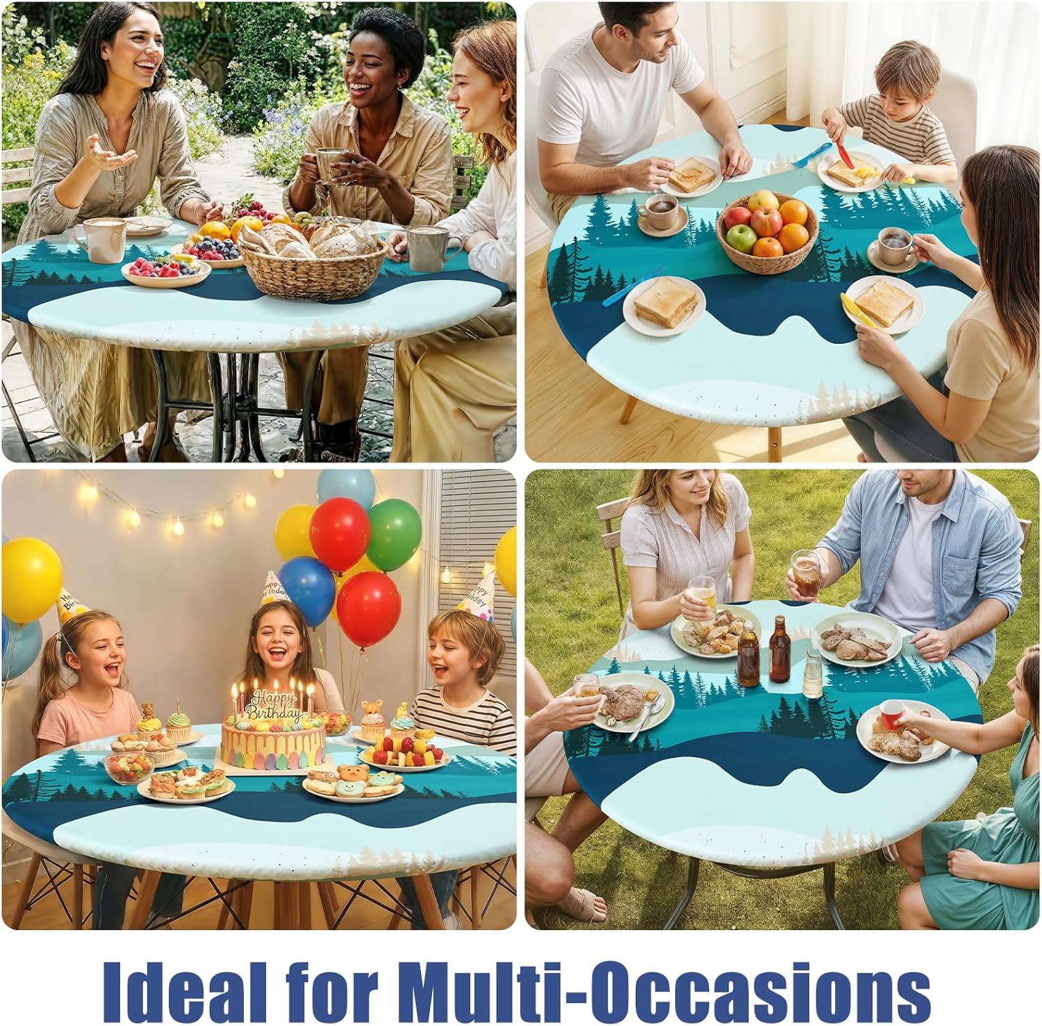 Moosfor Printed Spandex Round Tablecloth Fitted Table Cloth for 45-56 Table - Image 8