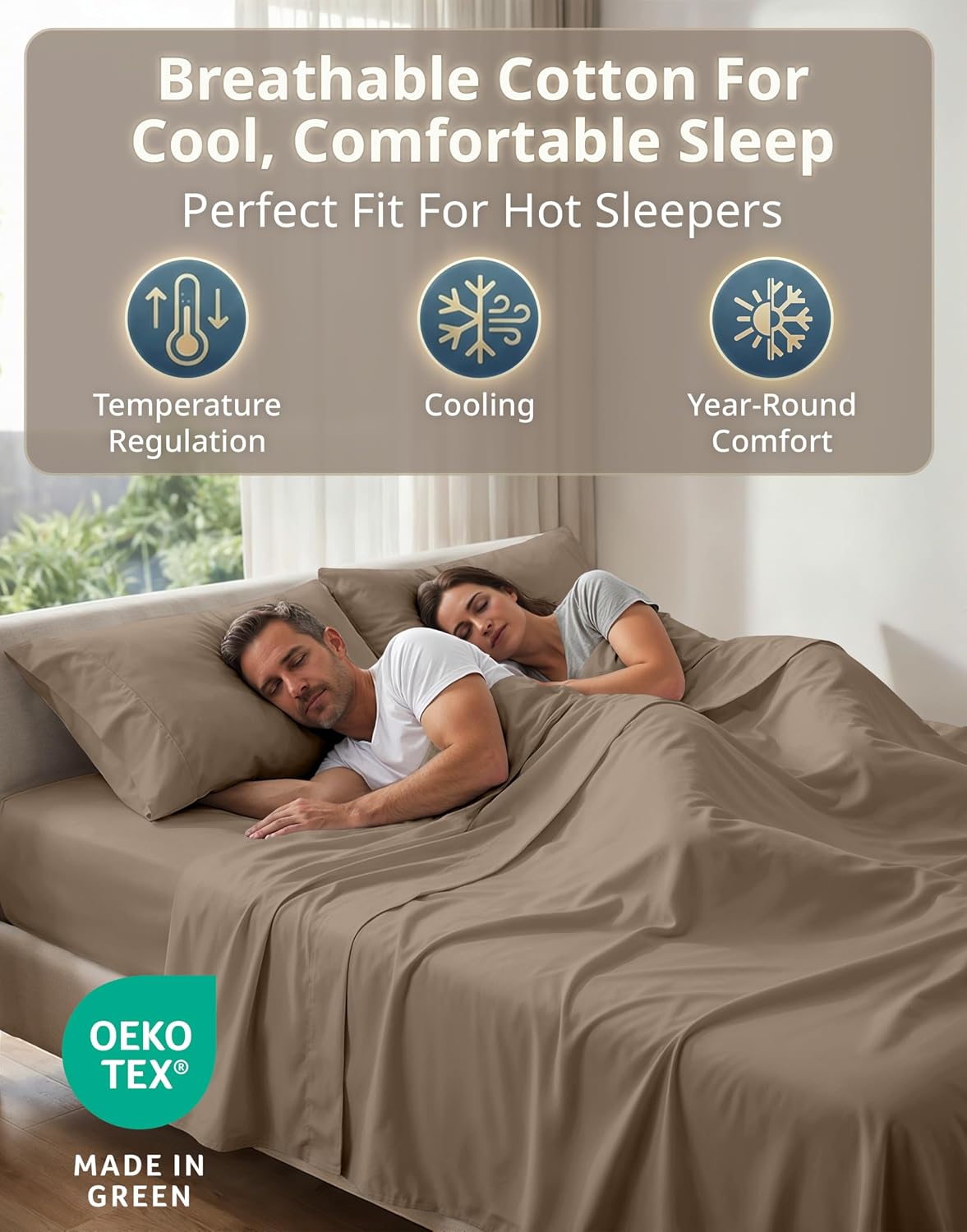 600TC 100% Long-Staple Cotton King Sheets - Smooth Sateen Weave, Taupe - Image 4