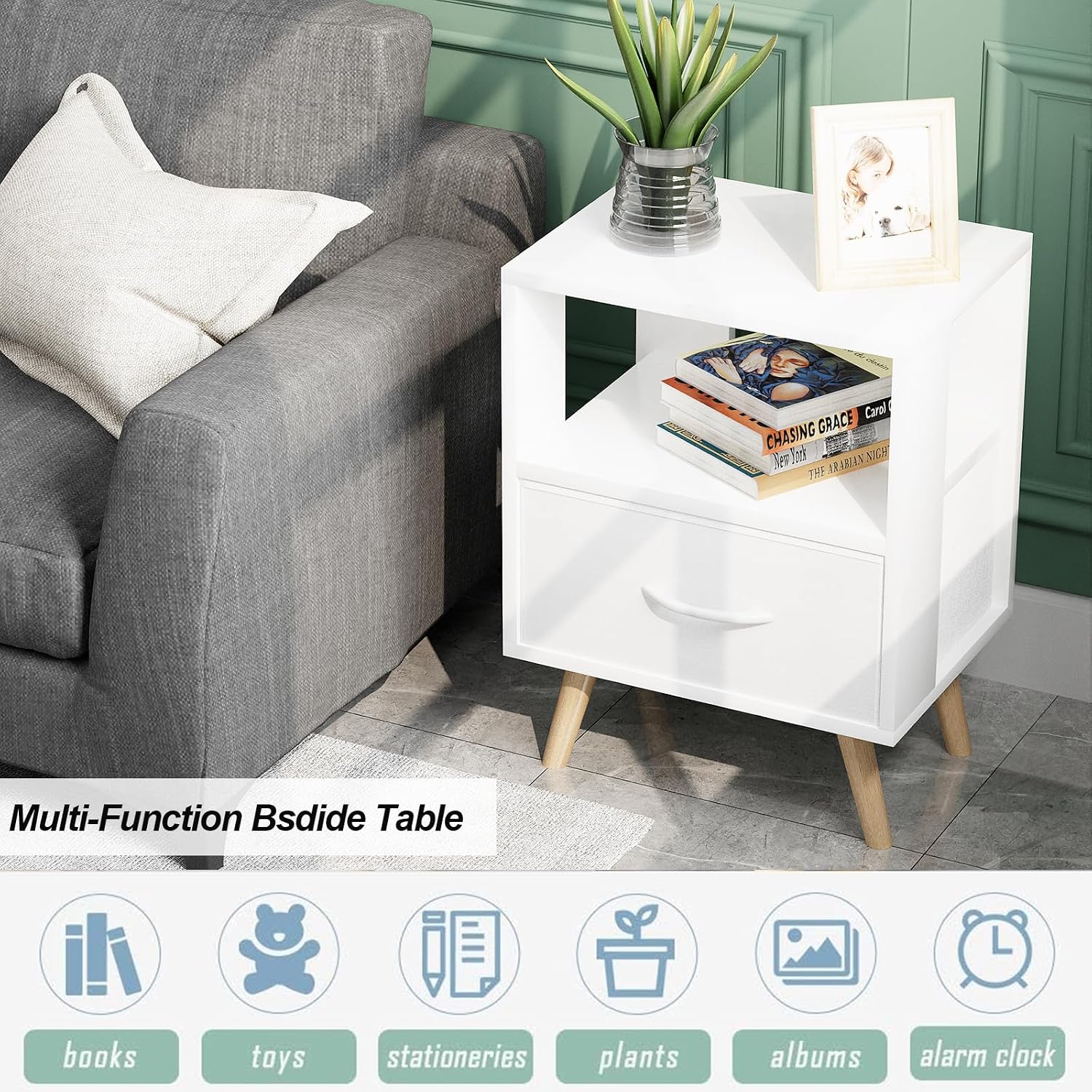 Aenuert Night Stand, White Kids Nightstand with Drawer, Nursery Side Table with Open Storage, 2-Tier Modern End Table, Bedside Table for Small Space, Living Room, Bedroom - Image 5