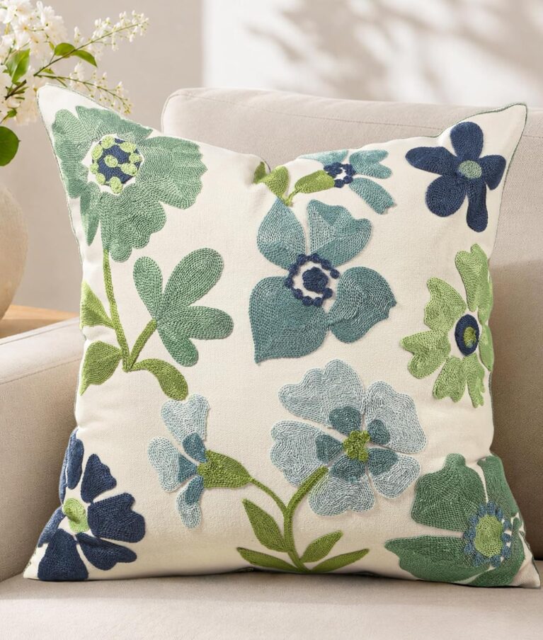 Embroidered Floral Throw Pillow Cover 18x18 Inch, Teal Flower
