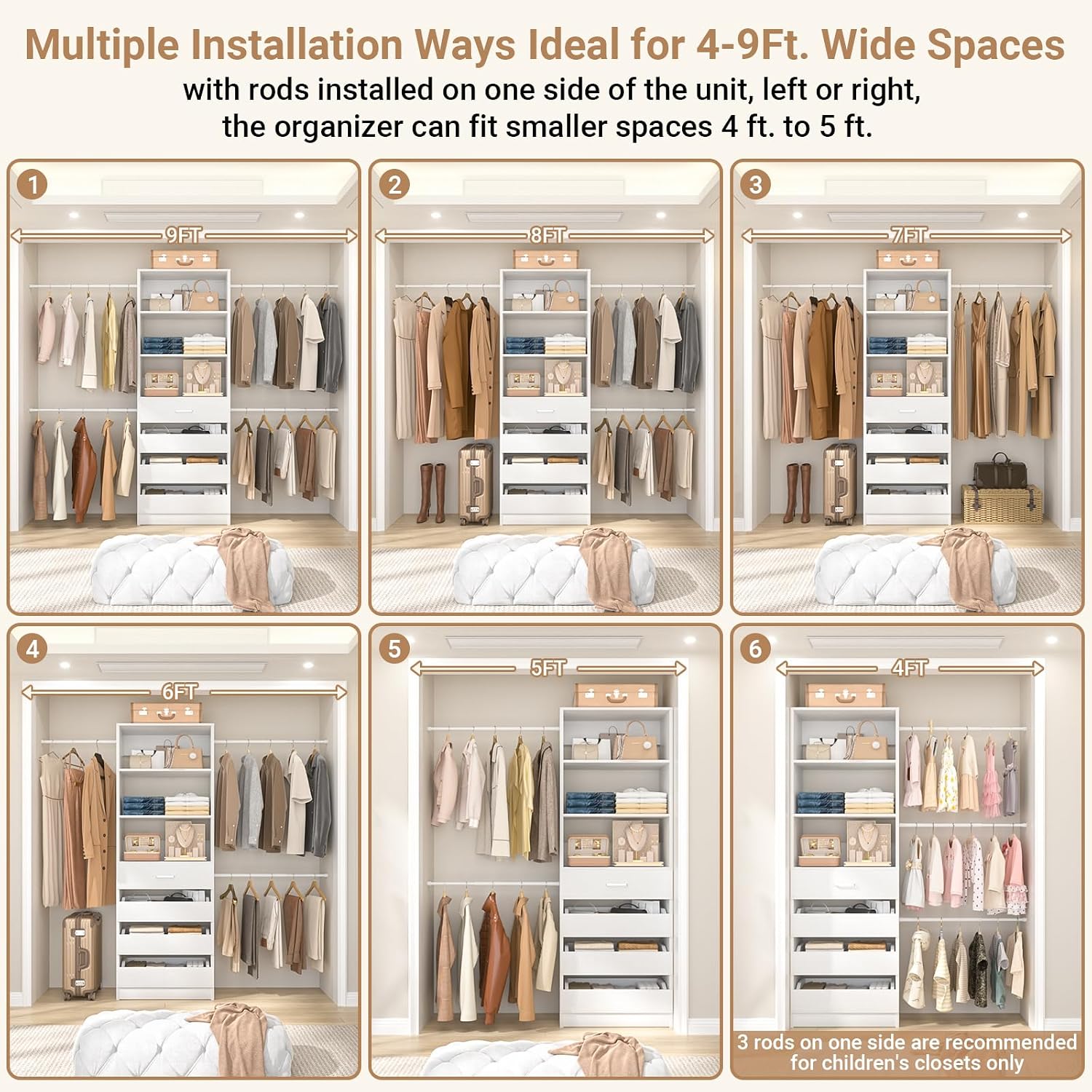 Aheaplus Closet System, 4-9Ft Closet Organizer with 4 Wooden Drawers, White - Image 4