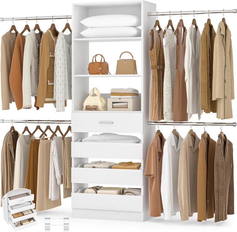 Aheaplus Closet System, 4-9Ft Closet Organizer with 4 Wooden Drawers, White