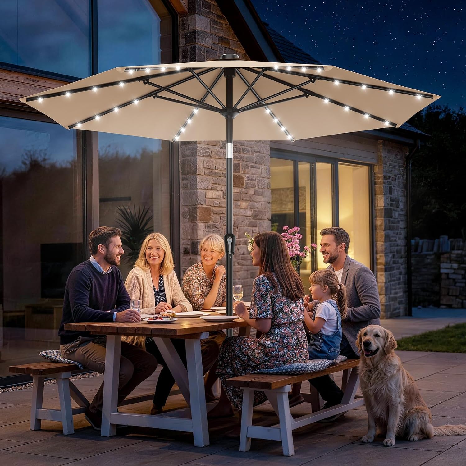 AreShark 9FT Patio Umbrella with Solar Lights, 32 Lighted Pool Umbrella w/Tilt and Crank, Outdoor Market Solar Umbrellas for Garden, Deck, Backyard, Pool and Beach, Beige - Image 8