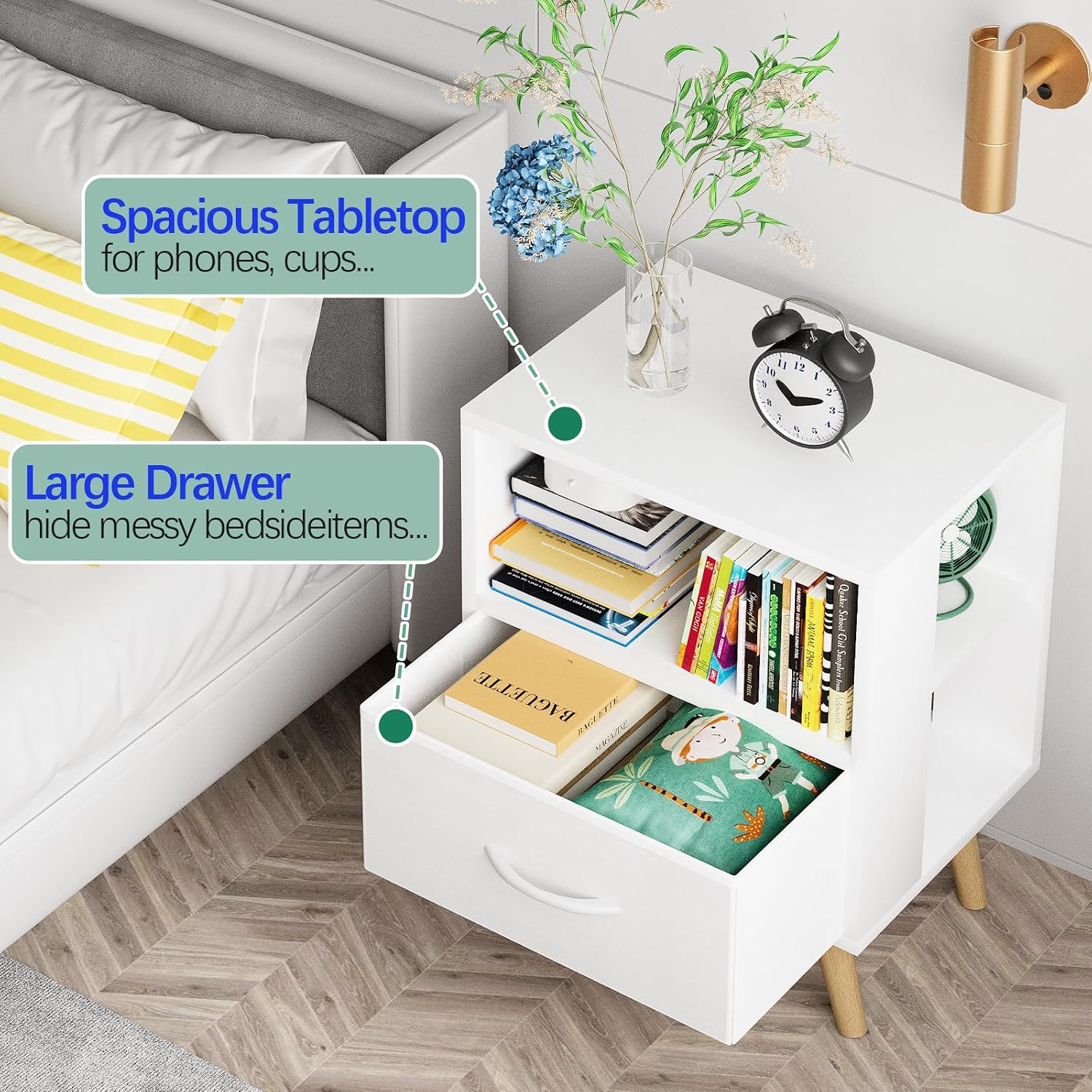 Aenuert Night Stand, White Kids Nightstand with Drawer, Nursery Side Table with Open Storage, 2-Tier Modern End Table, Bedside Table for Small Space, Living Room, Bedroom - Image 6