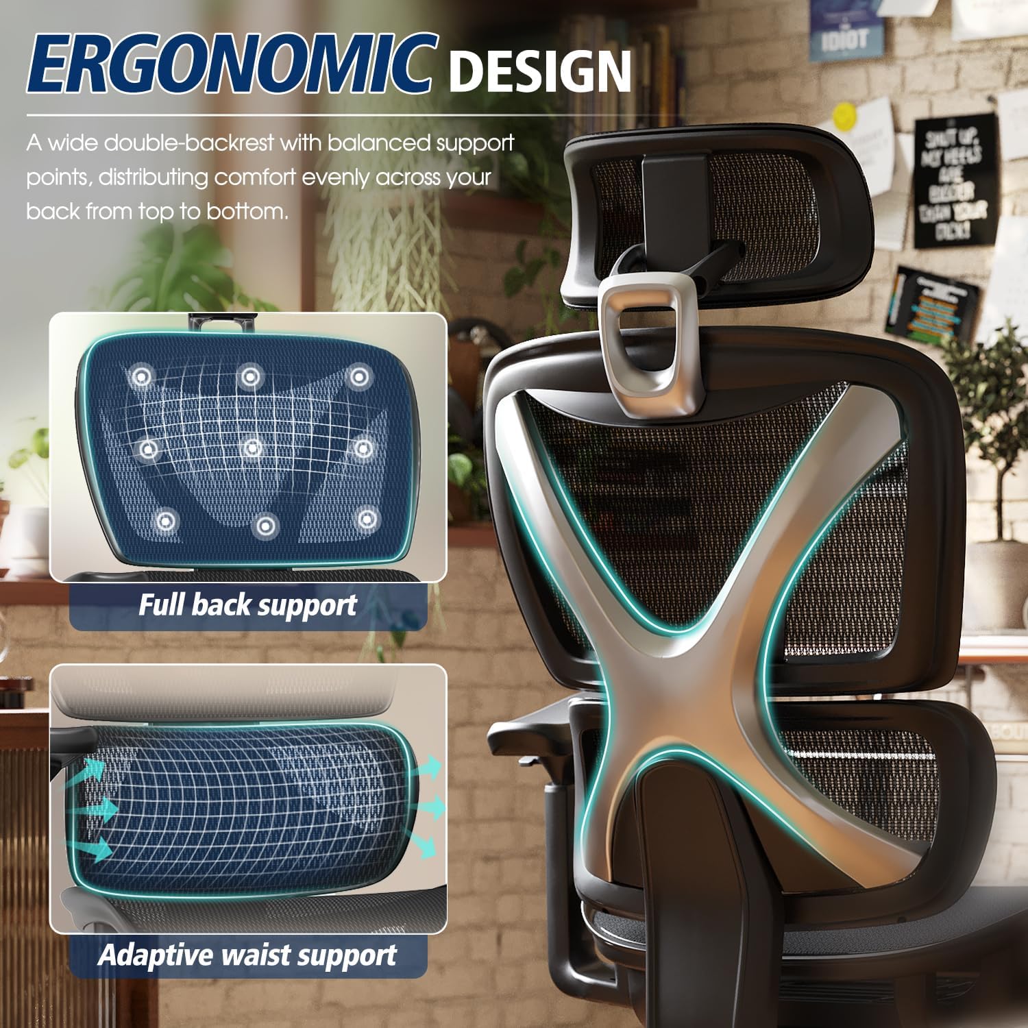 GABRYLLY Ergonomic Office Chair, Big and Tall Mesh Chair with Lumbar Support, 3D armrest - 215° Rotation, Adjustable Headrest & Soft Seat, Durable Computer Chair 350LBS for Work Gaming - Image 4
