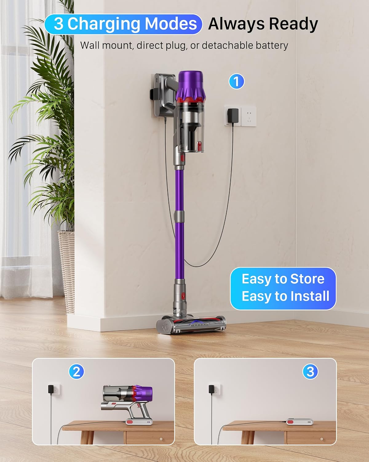 Cordless Vacuum Cleaner for Home - Powerful Stick Vacuum with HEPA Filter, 55-Min Runtime, LED Light, Anti-Tangle Brush, Detachable Battery,Lightweight Vacuum for Pet Hair,Carpets & Hard Floors - Image 8