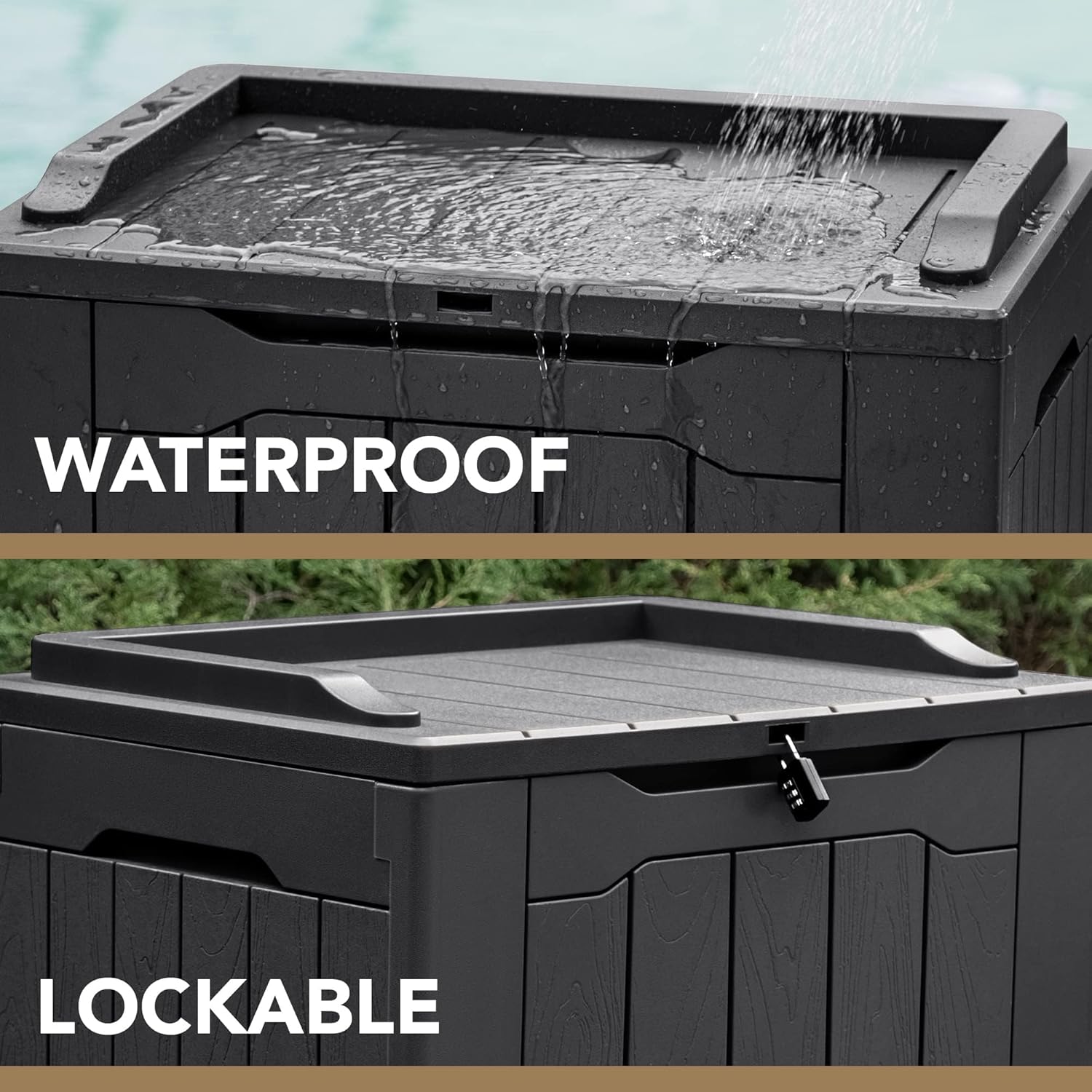 Devoko 30 Gallon Resin Deck Box Waterproof Outdoor Storage Box for Patio Furniture Pool Accessories Indoor Storage for Cushion Garden Tools (30 Gallon, Black) - Image 2