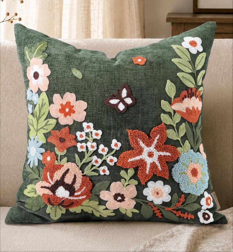 Embroidered Chenille Throw Pillow Cover 18x18 Inch, Green Garden