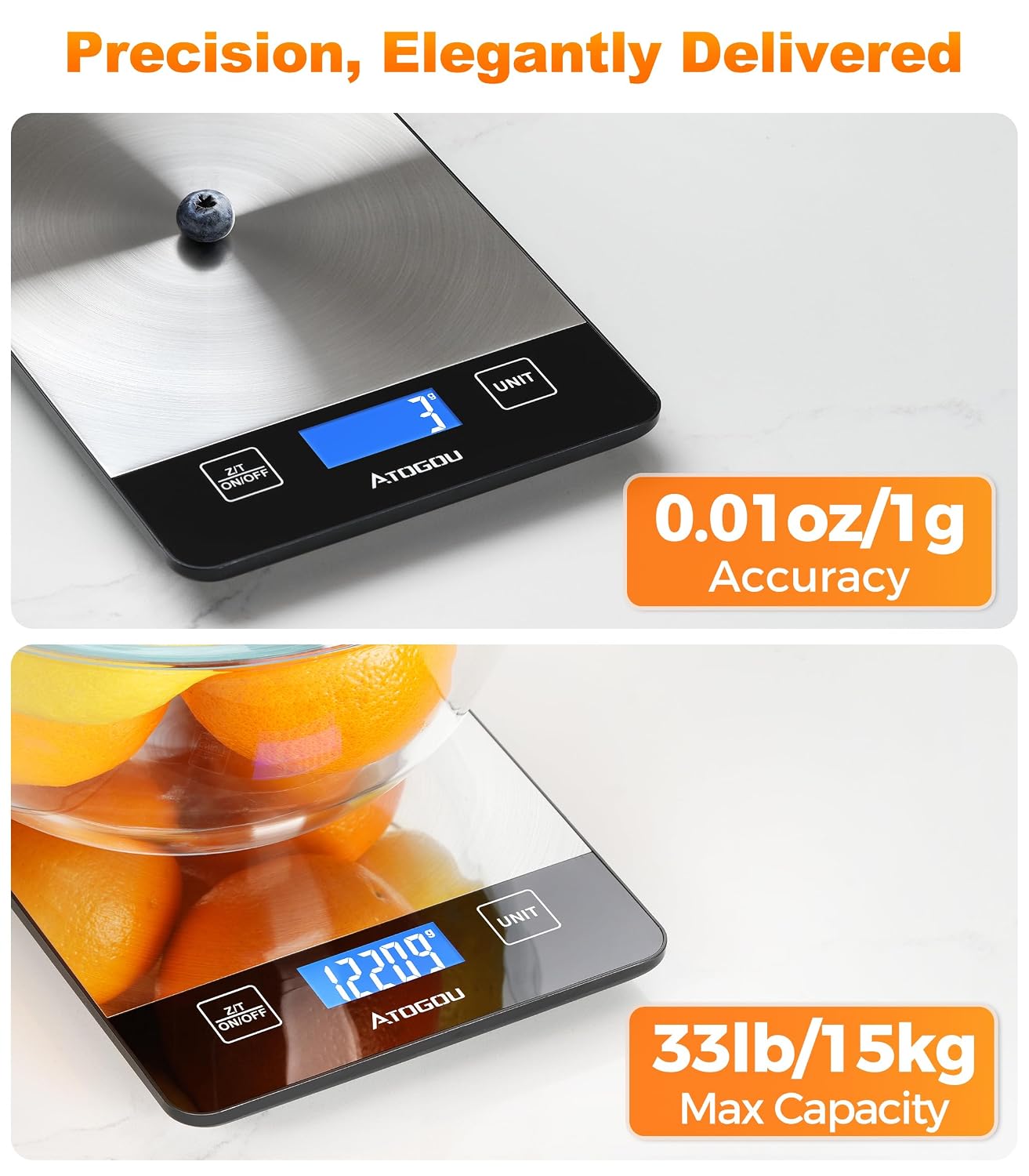 Atogou Food Scale Rechargeable - 33lb Digital Kitchen Scale Ounces Grams - Image 2