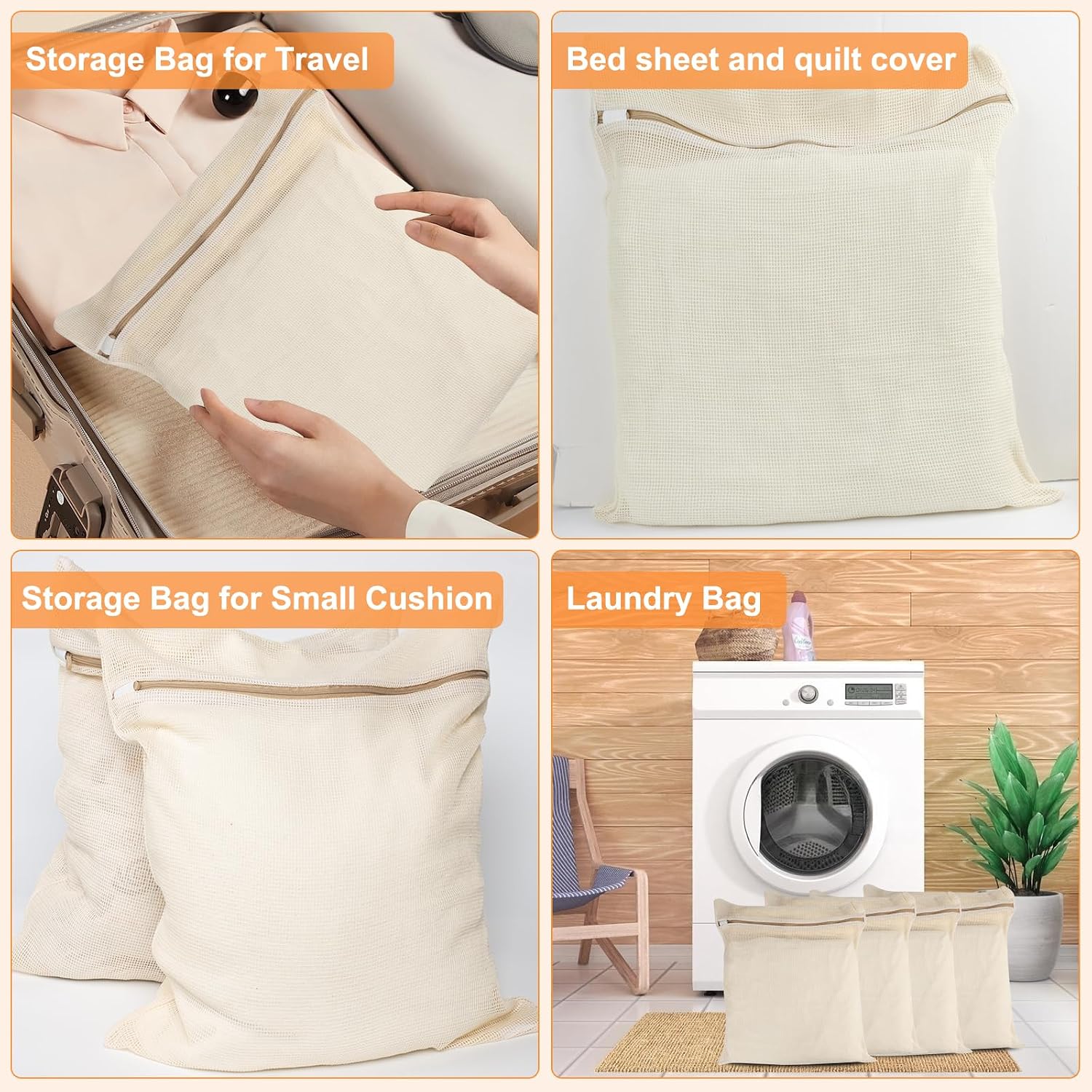 4-Piece Large Durable Organic Cotton Mesh Laundry Bags with Sturdy Zippers and Breathable Mesh are Delicate Laundry Bags for Underwear, Clothes, Pants and Socks - Image 6