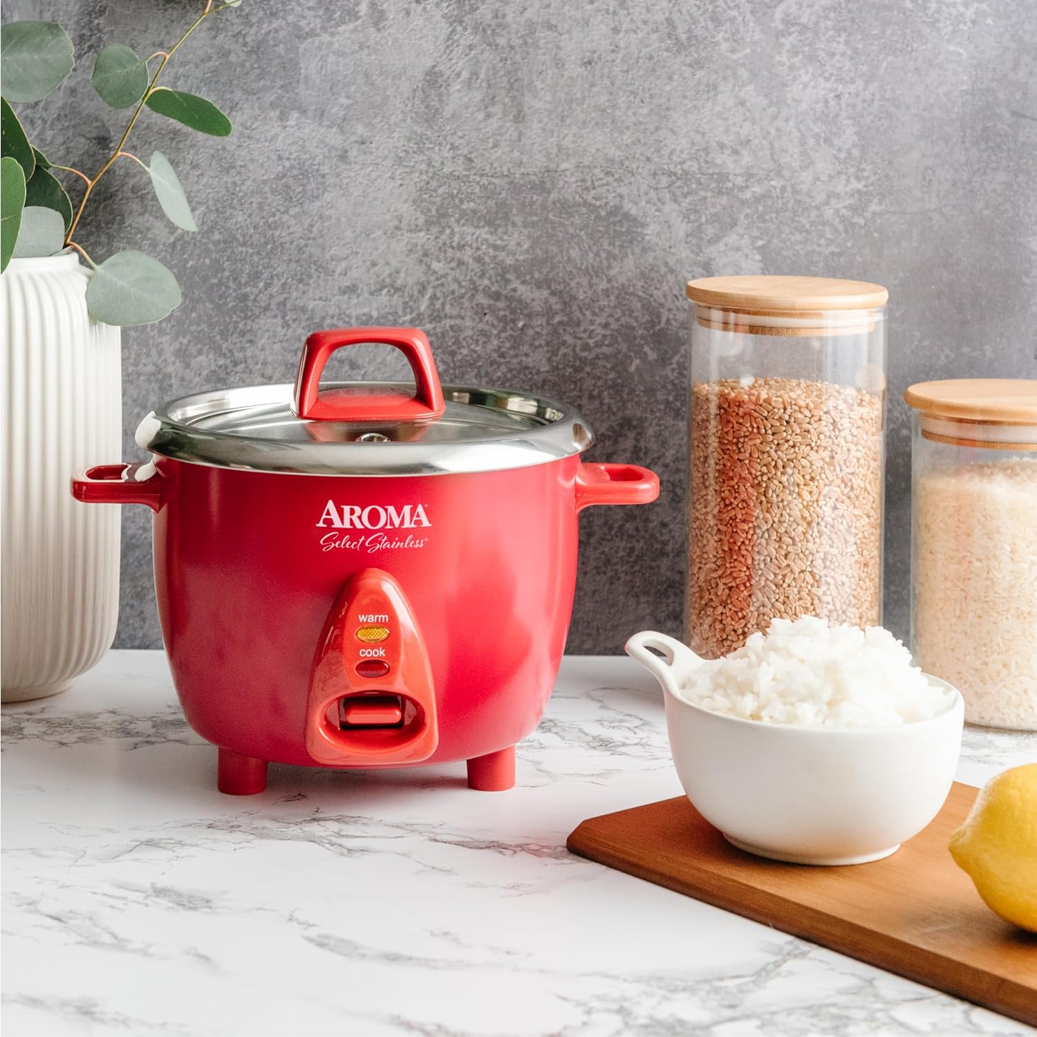 Aroma Housewares Select Stainless Rice Cooker & Warmer with Uncoated Inner Pot, 6-Cup(cooked)/ 1.2Qt, ARC-753SGR, Red - Image 2