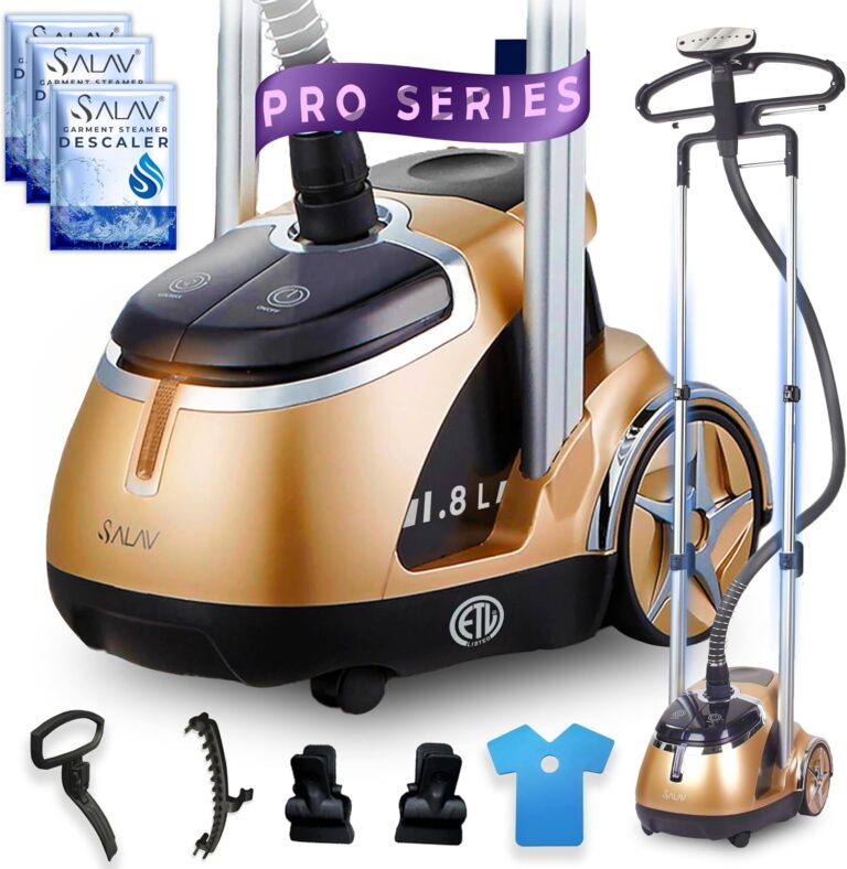 SALAV Deluxe Limited Edition Professional Series Dual Bar Garment Steamer with Foot Pedals & 3 Decalcifier Packets, Stainless Steel Plate, Retractable Cord, 1.8L Tank, 1500 watts, 60+mins of Steam