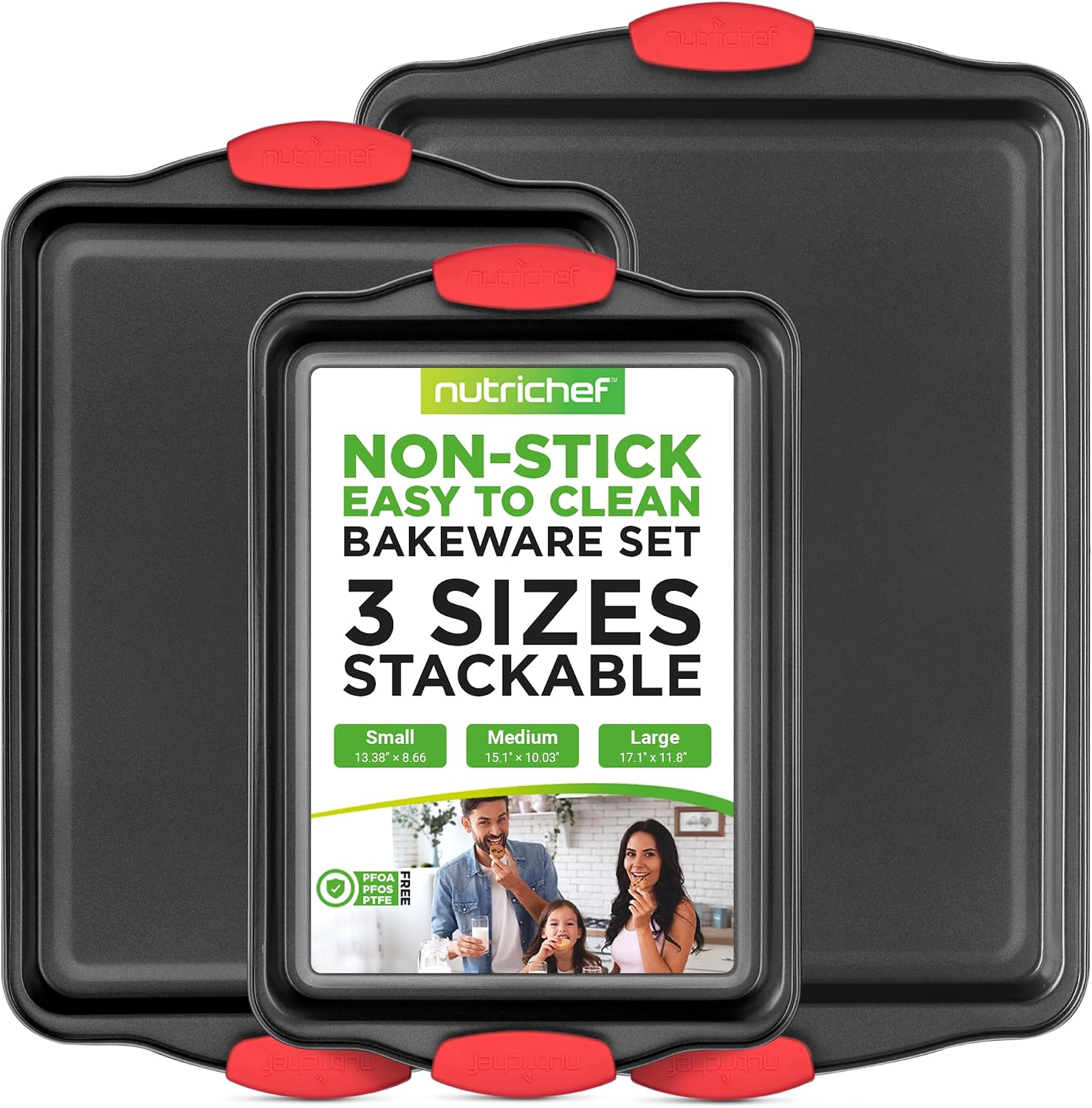 NutriChef 3‑Piece Nonstick Cookie Sheets – Carbon Steel Baking Sheet Set with Non Stick Coating & Red Silicone Handles – Oven Pans for Family Baking
