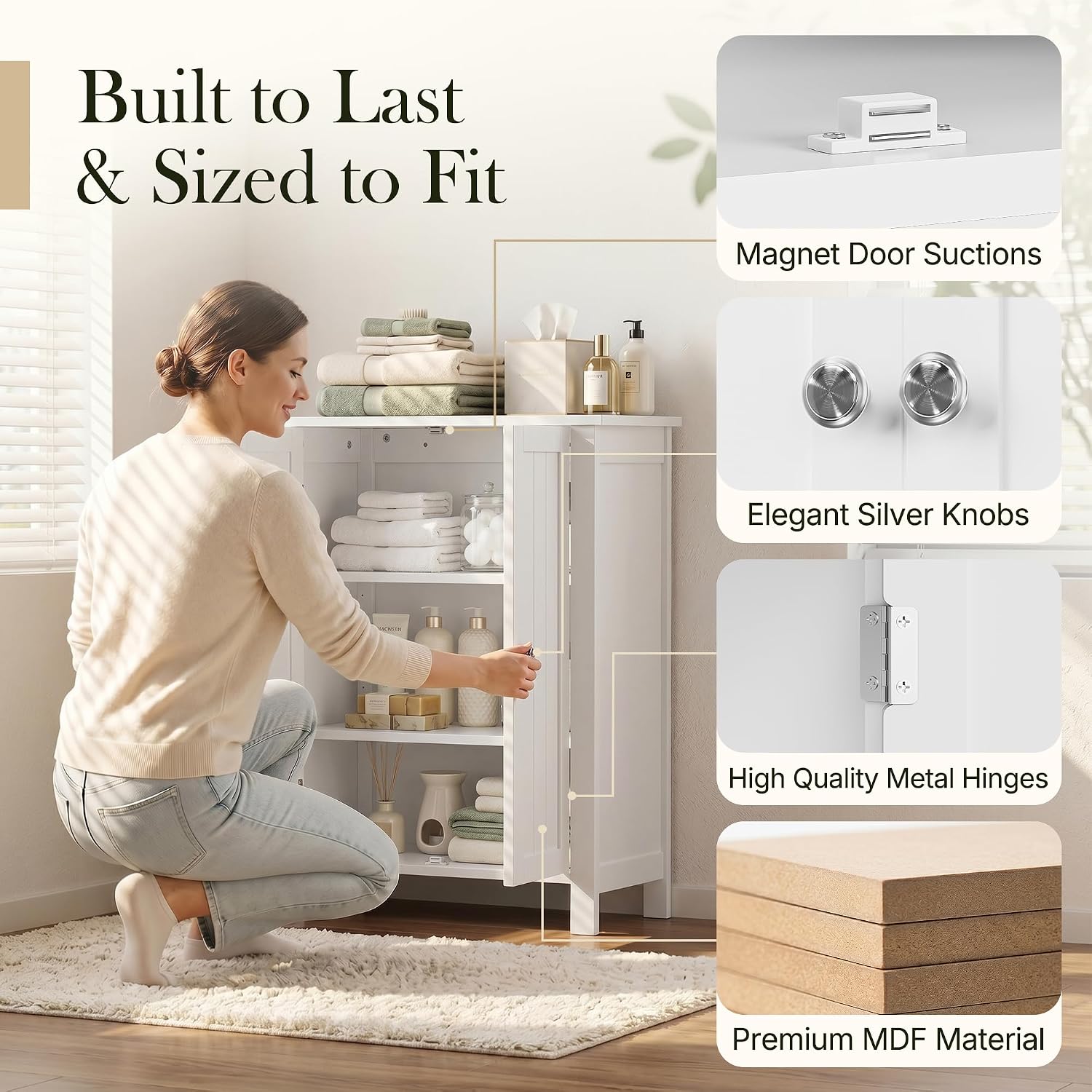 SUPER DEAL Modern Bathroom Floor Storage Cabinet with Adjustable Shelf and Double Door Rust Proof, Living Room Modern Home Furniture Storage Organizer Cabinet - Image 5