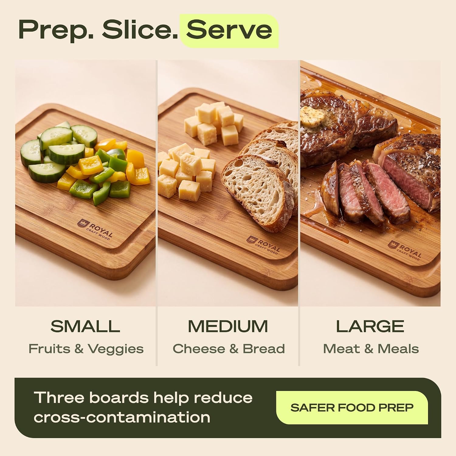 ROYAL CRAFT WOOD Wooden Cutting Boards for Kitchen Meal Prep & Serving - Bamboo Non Toxic Cutting Board Set with Deep Juice Groove Side Handles - Charcuterie & Chopping Butcher Block for Meat (3 Pcs) - Image 7