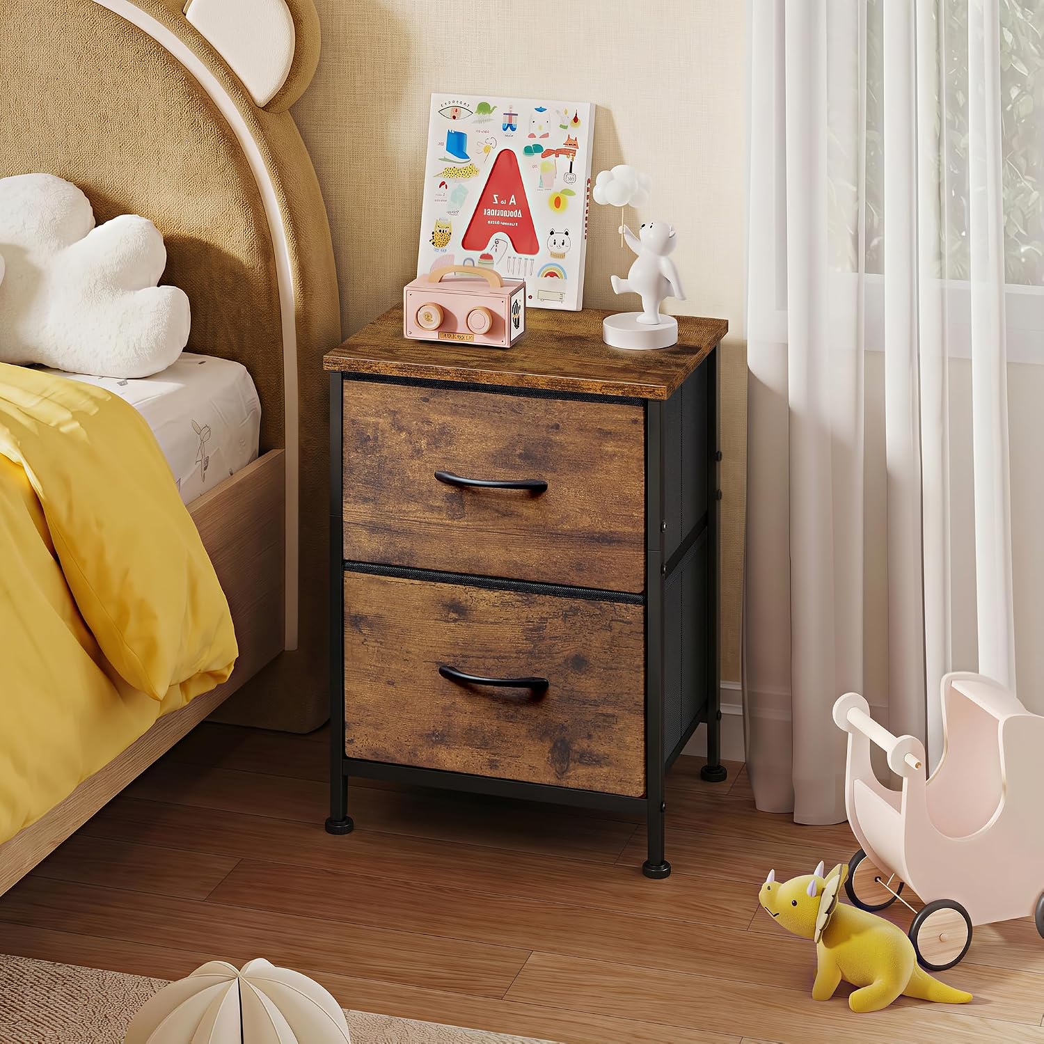 WLIVE Night Stand, Small Dresser with 2 Drawers & Wooden Top, Nightstand with Fabric Bins, Bedside Table End Table for Bedroom, Closet, Entryway, College Dorm, Rustic Brown - Image 7