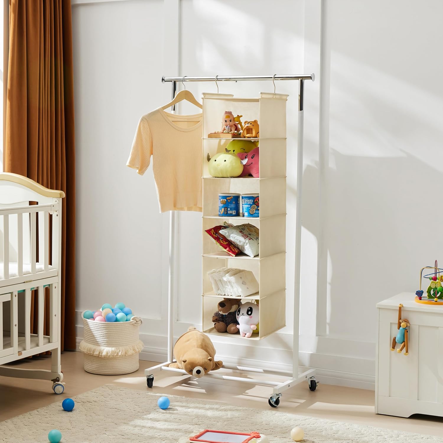 MAX Houser 6 Tier Shelf Hanging Closet Organizer with 2 Hooks, Beige - Image 6
