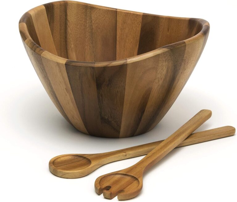 Lipper International Acacia Large Wave Bowl with Servers, 162.31 fl.oz.,Brown