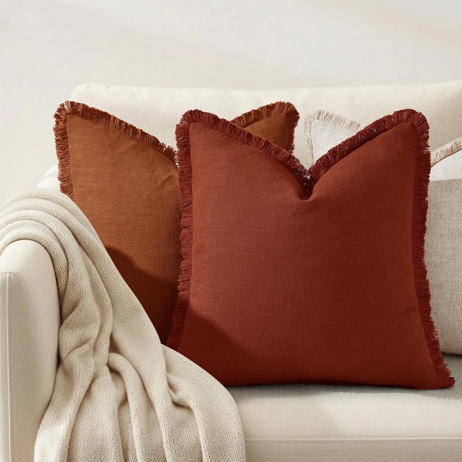 decorUhome Linen Fringe Light Rust Throw Pillow Covers 18x18 Set of 2 - Image 2