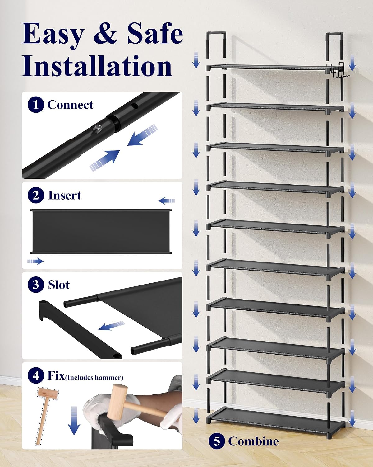 Kitsure 10 Tier Shoe Rack, Tall Shoe Organizer, 32.2" Wide, Black - Image 7