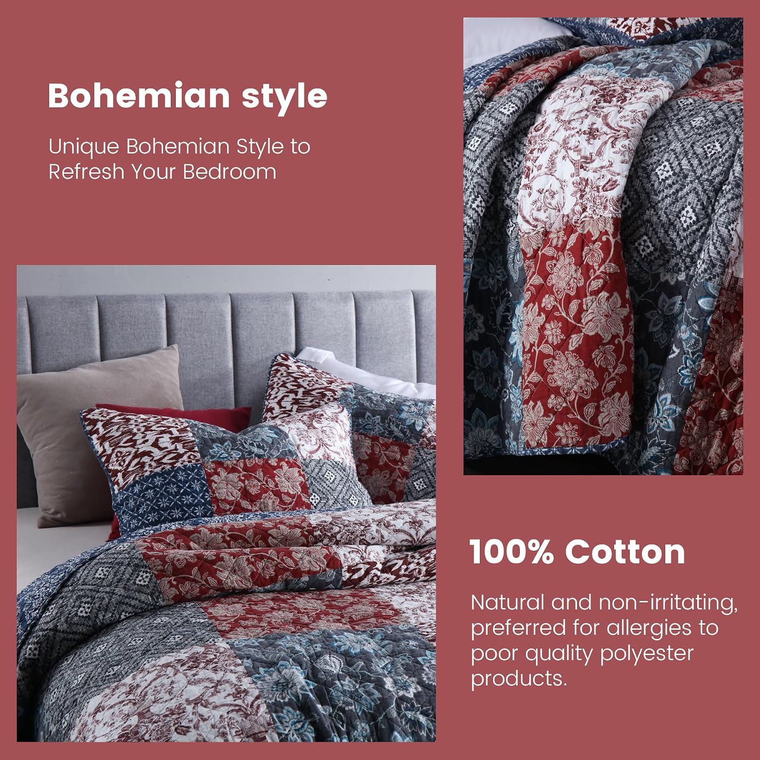 Secgo King Size Comforter Set- 100% Cotton Quilt King Size Set, Burgundy bedspreads (96 * 108 Inch) with 2 Pillow Shams, Patchwork Reversible Lightweight Bedding - Image 4