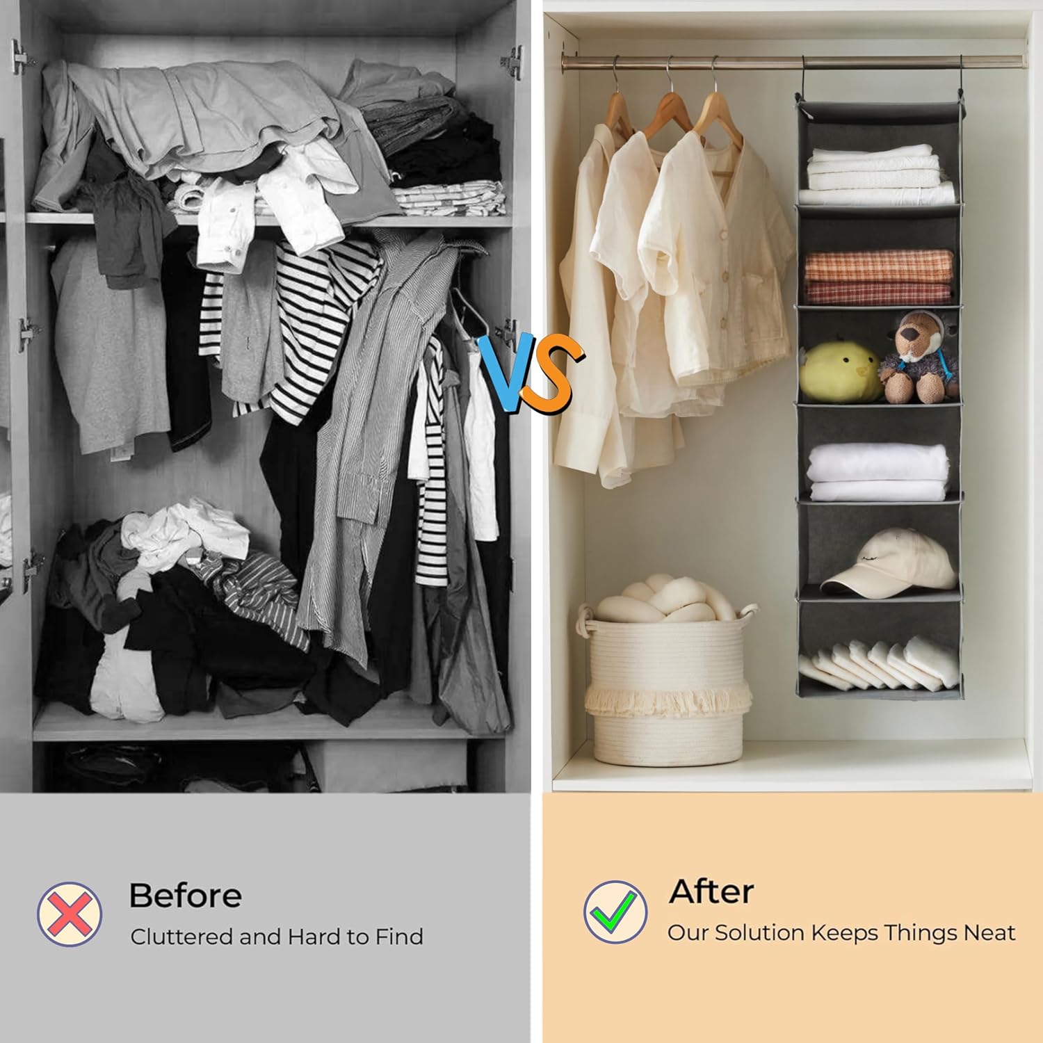 MAX Houser 6 Tier Hanging Closet Organizer with 2 Sturdy Hooks, Grey - Image 8