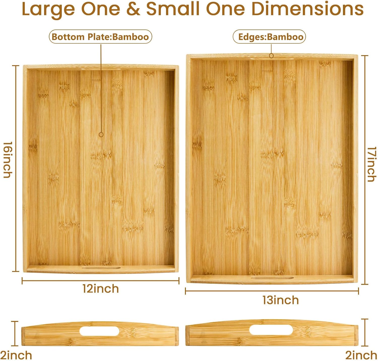 GOLD HONEY Bamboo Serving Tray with Handles, Wooden Serving Tray Set of 2 - Image 2