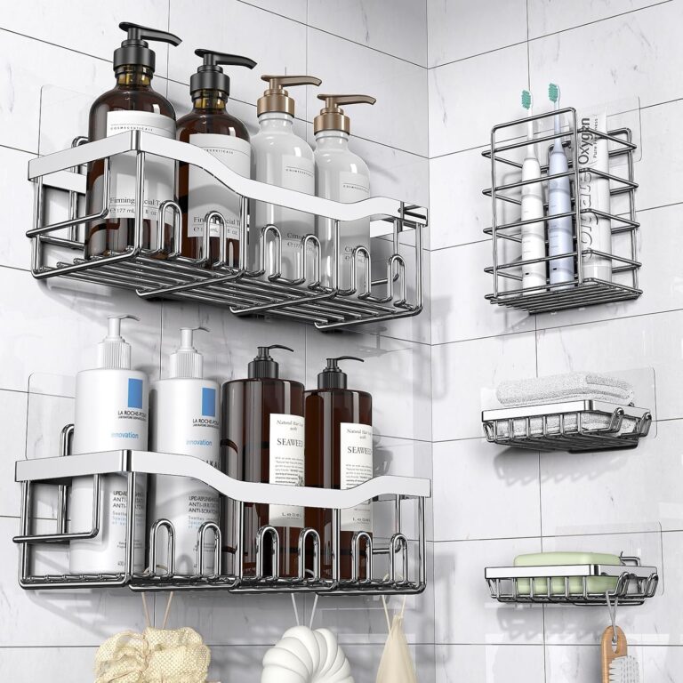 EUDELE 5-Pack Adhesive Shower Caddy Organizer, Large Capacity Rustproof Stainless Steel Shower Shelves, No Drill Bathroom Storage for Shower, Kitchen & Home Decor