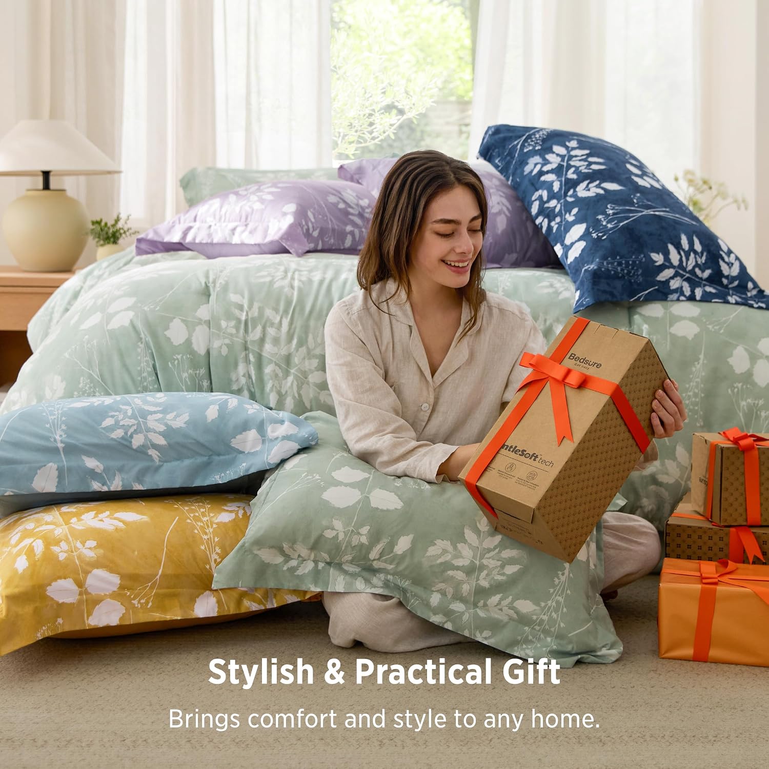 Bedsure Sage Green Queen Comforter Set, Floral Bedding Sets, 7 Piece - Image 5