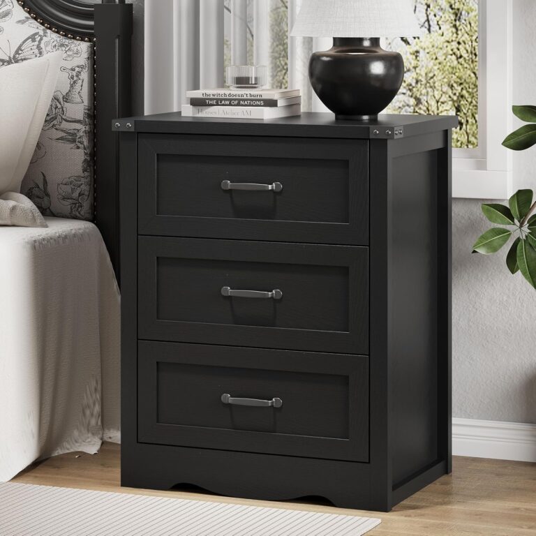 Xixini Tall Nightstand with 3 Drawers, 24" Wide Farmhouse Side Table, Black