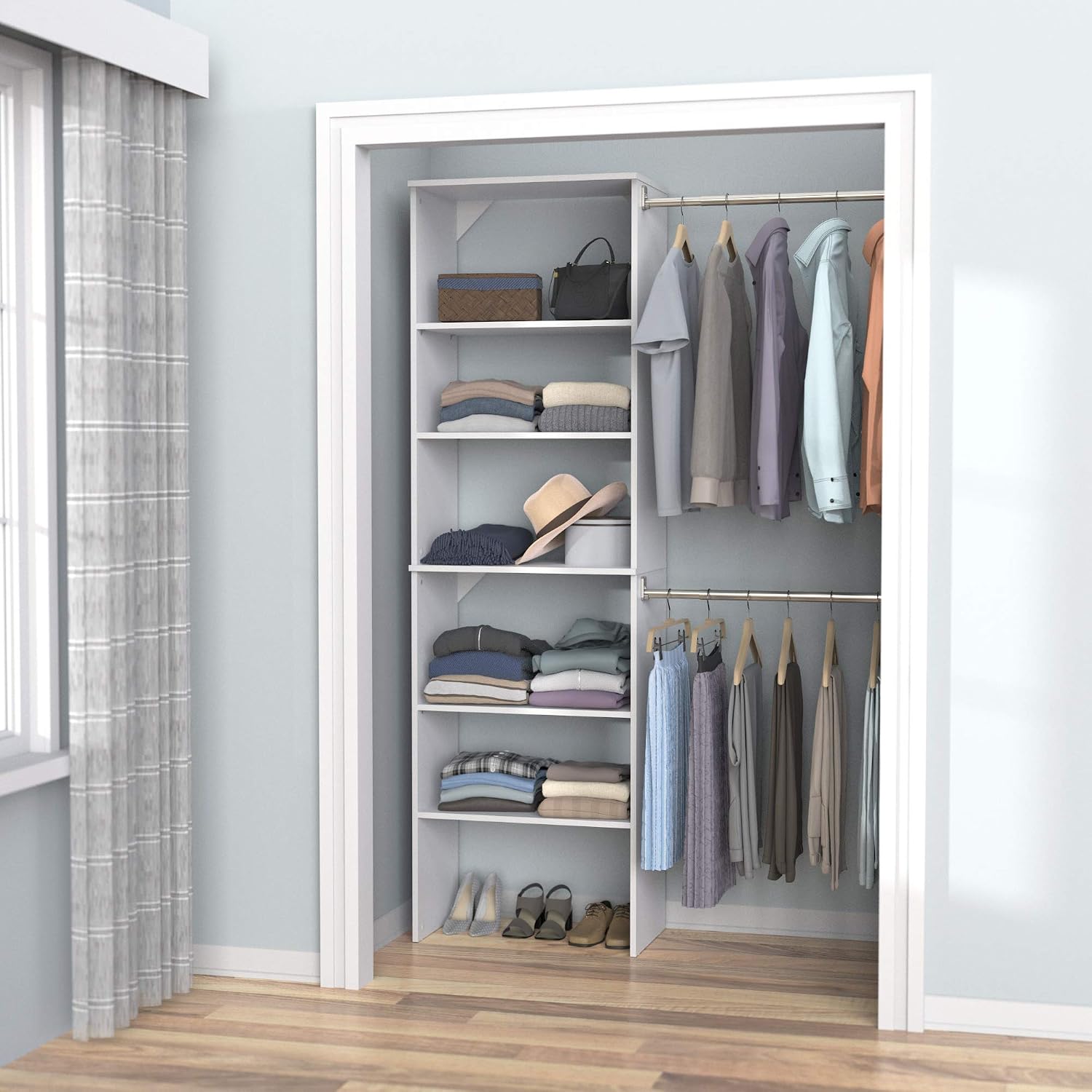 ClosetMaid SuiteSymphony Wood Closet Organizer System, 25-Inch Starter Kit with Tower and 3 Hang Rods and Shelving, Adjustable Shelves, Customizable Insert, Reach-in or Walk-in Closets, Pure White - Image 10