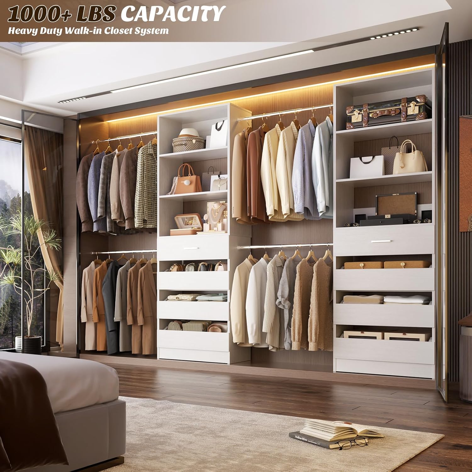Aheaplus Closet System, 4-9Ft Closet Organizer with 4 Wooden Drawers, White - Image 2