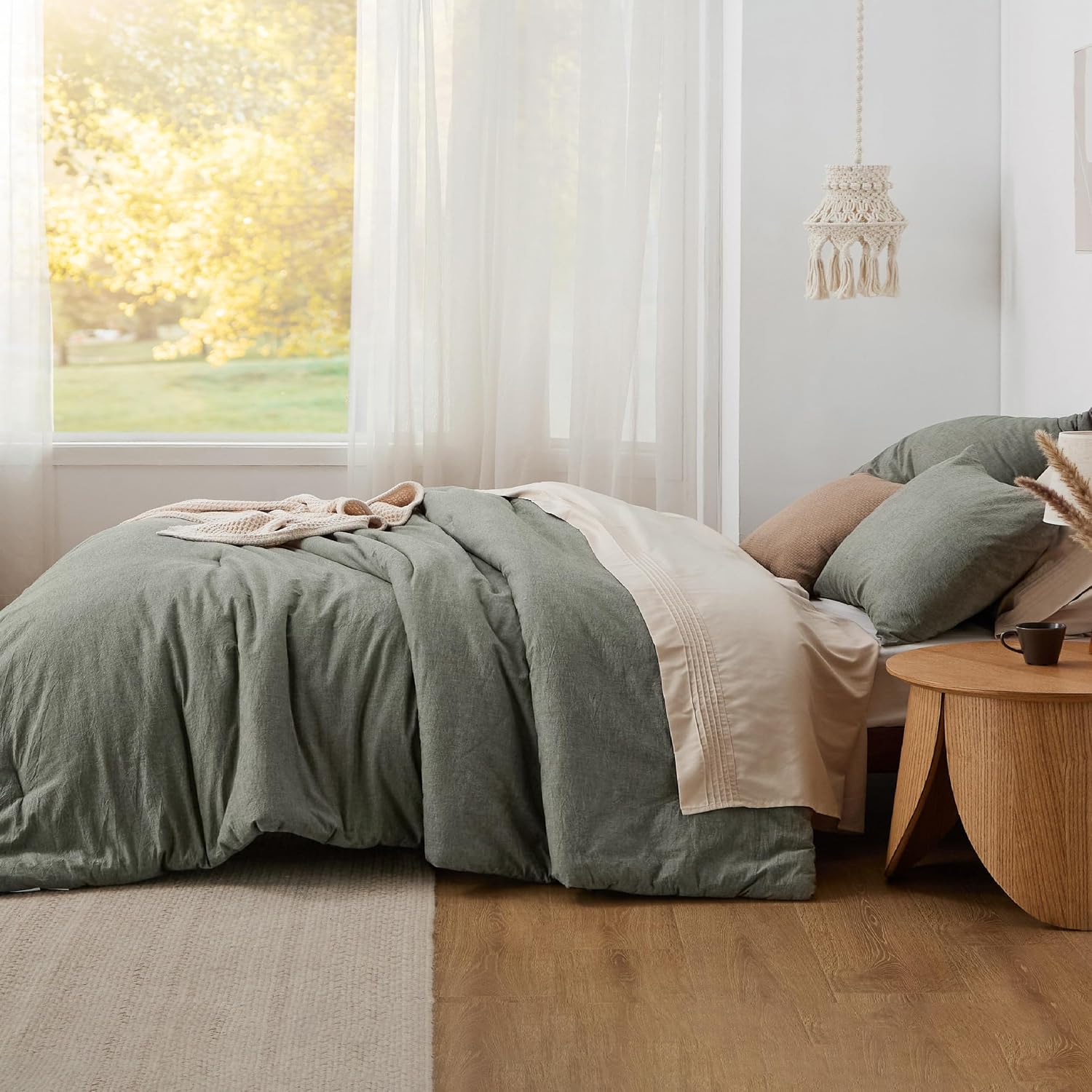 Bedsure PureWoven Cotton Comforter Set Prewashed, Queen Grayish Olive Green - Image 7