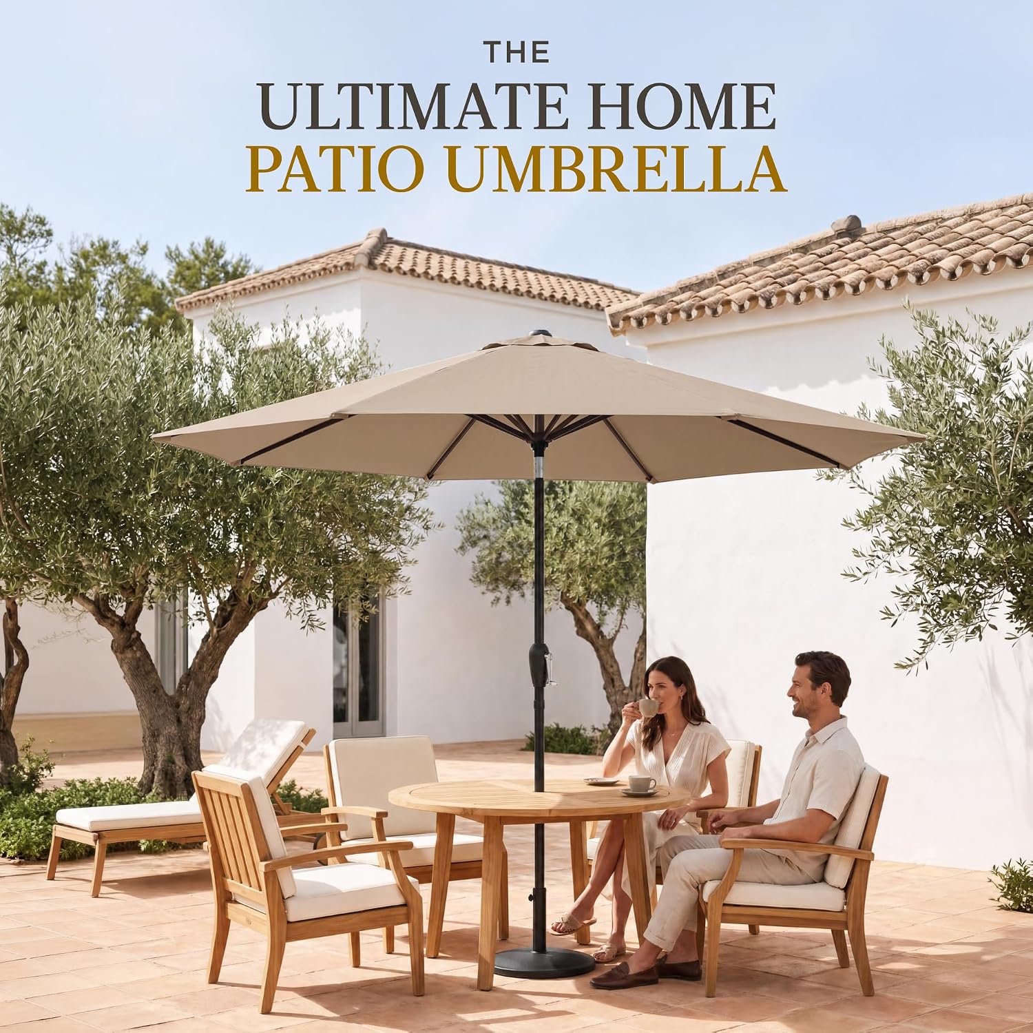 9ft Commercial Grade Patio Umbrella, 5-Year Fade Resistant 260 GSM Polyester Canopy, Rustproof Aluminum Frame, Smooth Tilt & Crank for Patio, Restaurant, Pool & Deck - Tan - Image 4