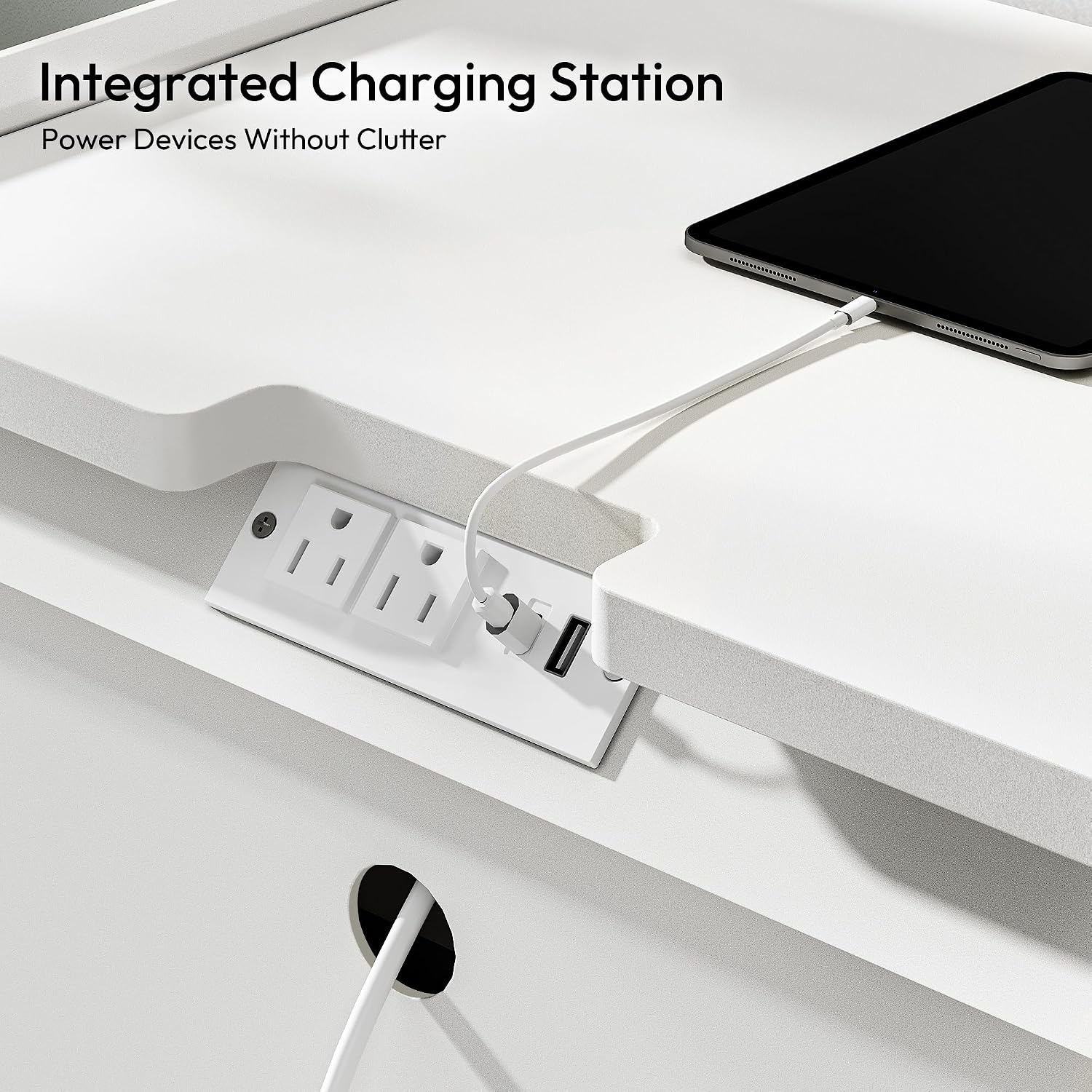 White Nightstand with Charging Station, 24" H, 3-Drawer Storage - Image 3