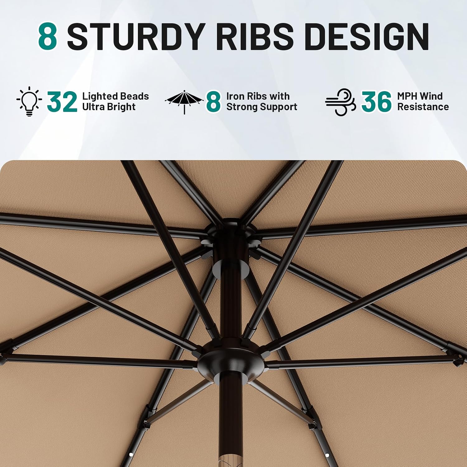 AreShark 9FT Patio Umbrella with Solar Lights, 32 Lighted Pool Umbrella w/Tilt and Crank, Outdoor Market Solar Umbrellas for Garden, Deck, Backyard, Pool and Beach, Beige - Image 4