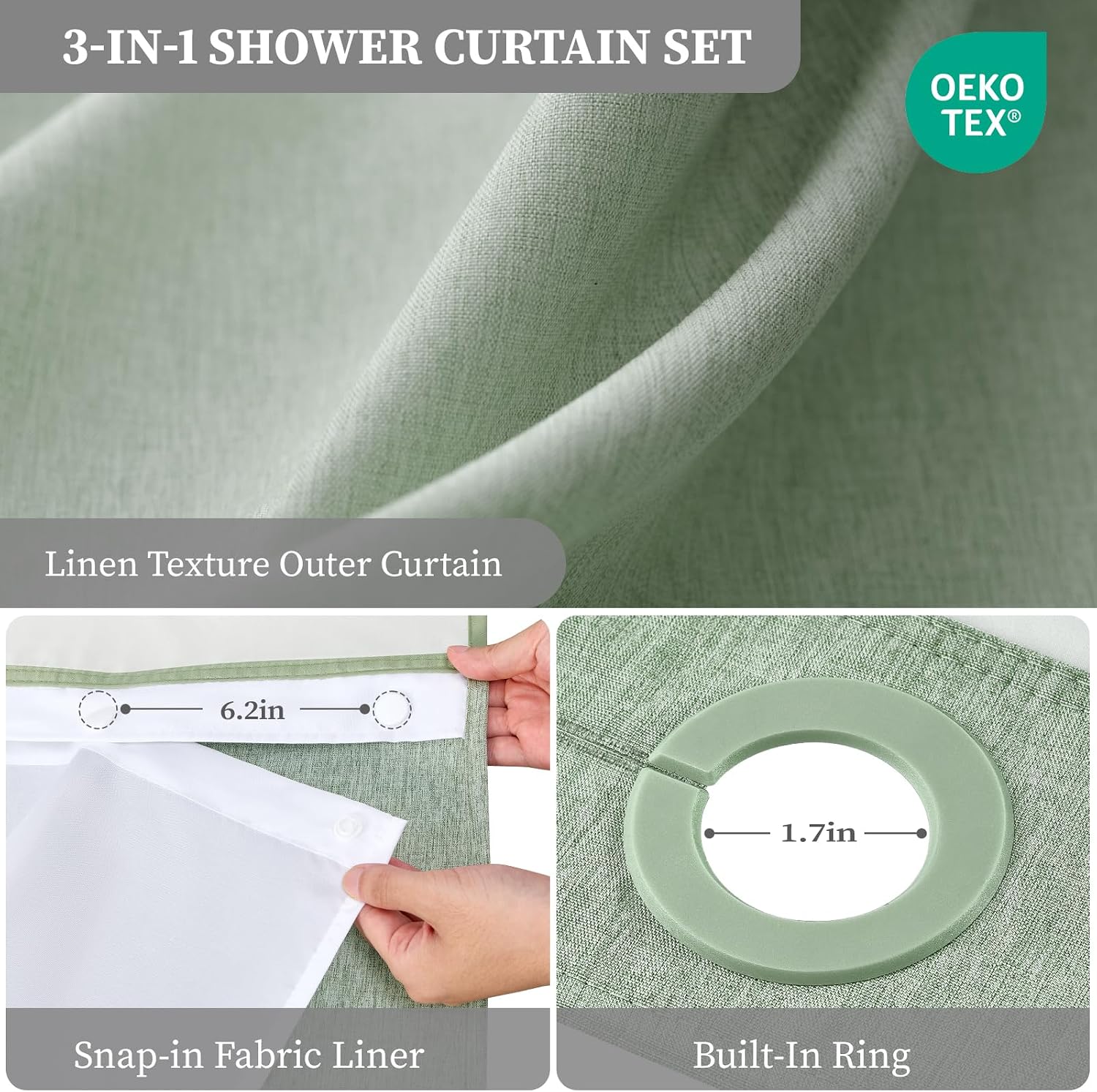 BTTN 72x81 Ringless Linen Look Shower Curtain with Snap in Liner Sage Green - Image 3