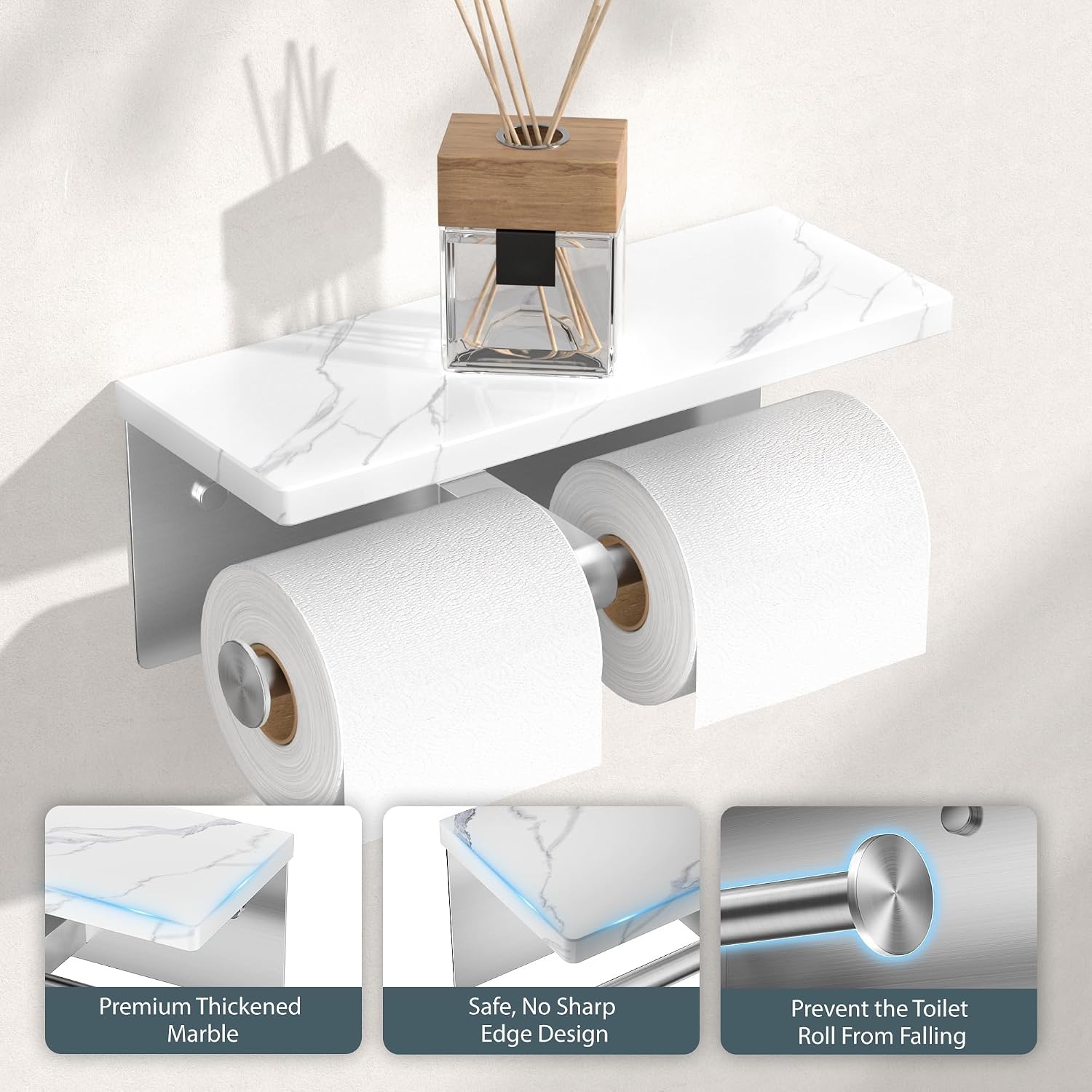 FORIOUS Double Marble Toilet Paper Holder with Phone Shelf, Commercial - Image 3