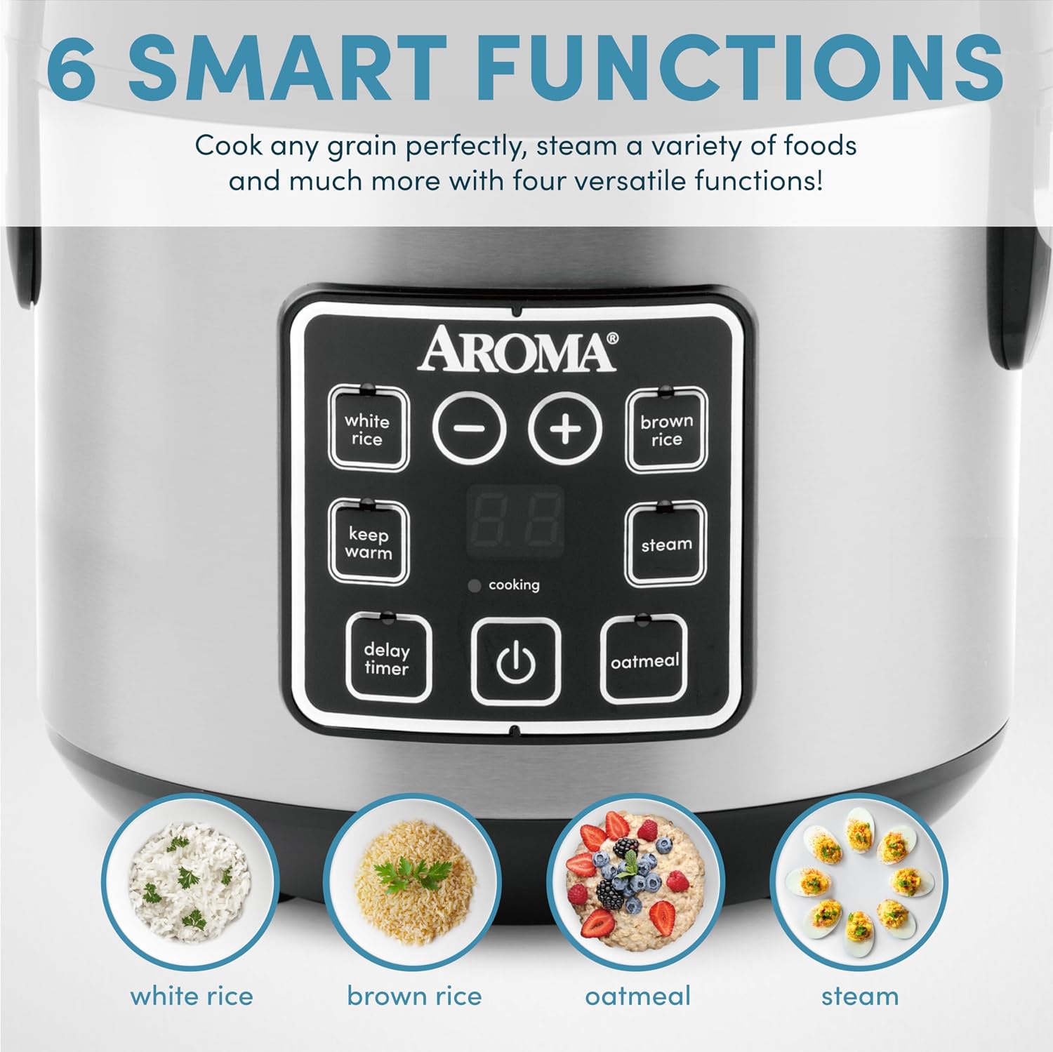 AROMA® 8-Cup (Cooked) / 2 Qt. Digital Rice & Grain Multicooker, Durable Nonstick Inner Pot, Oatmeal, Steam, White & Brown Rice, Keep Warm - Image 4